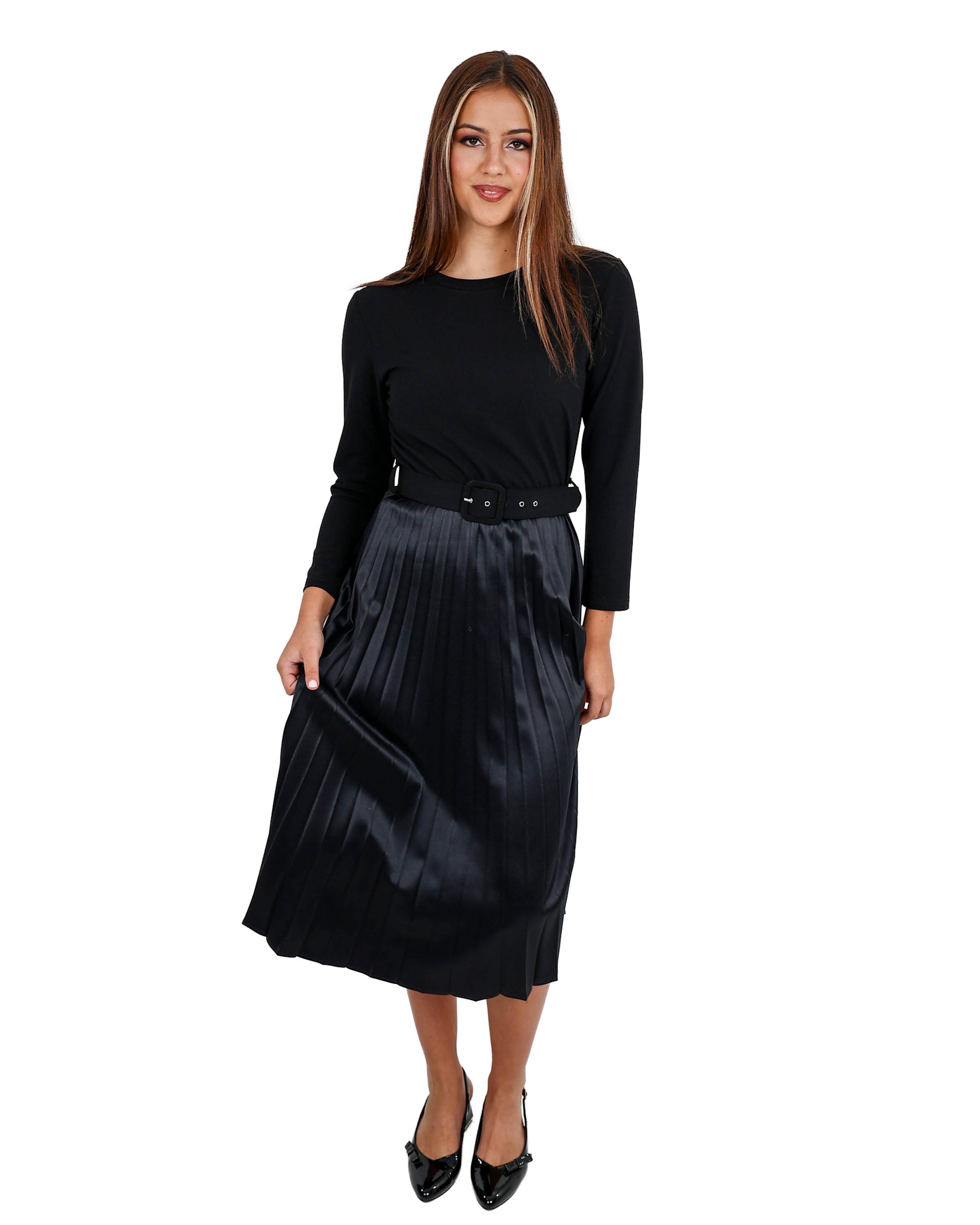 Knit Combo Pleated Black Dress