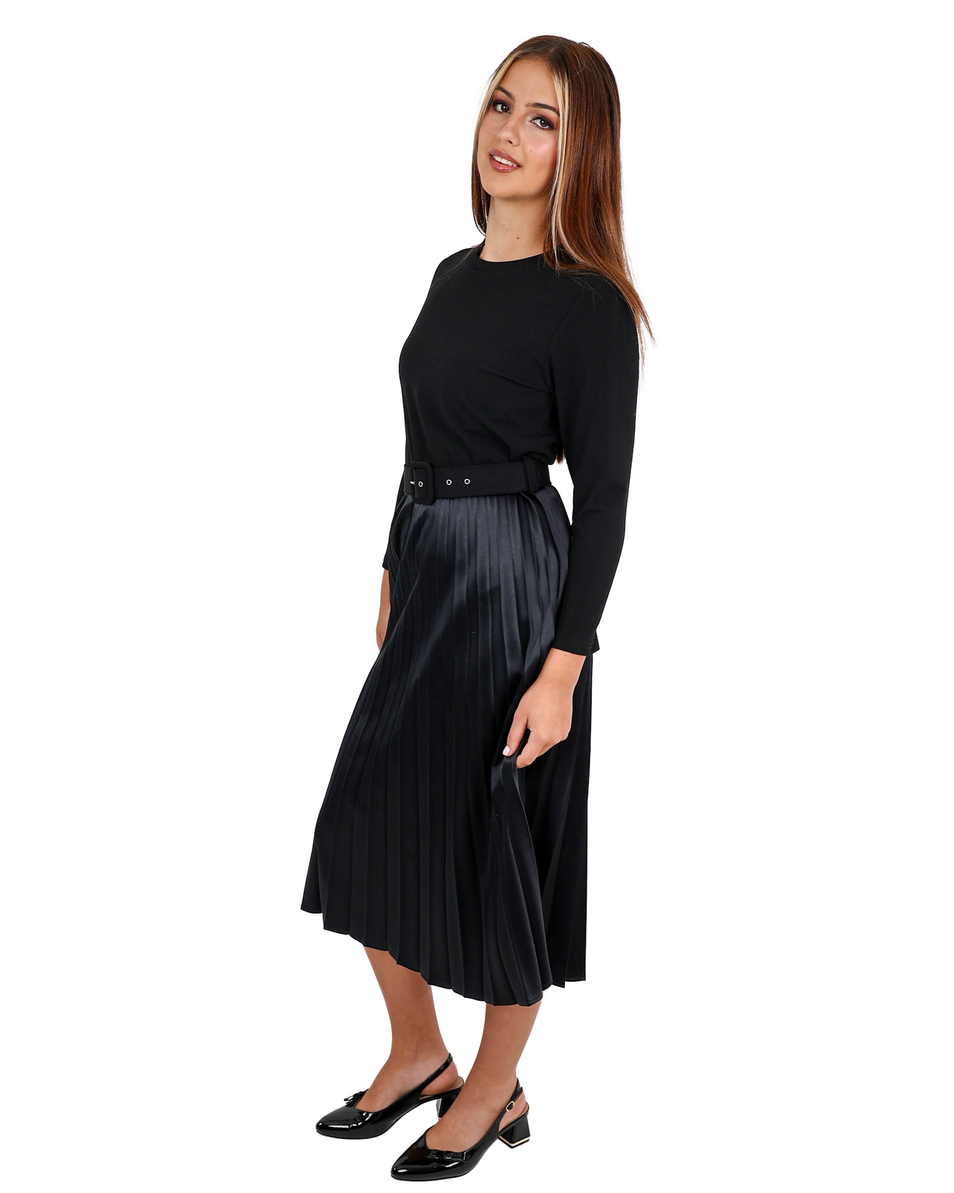 Knit Combo Pleated Black Dress