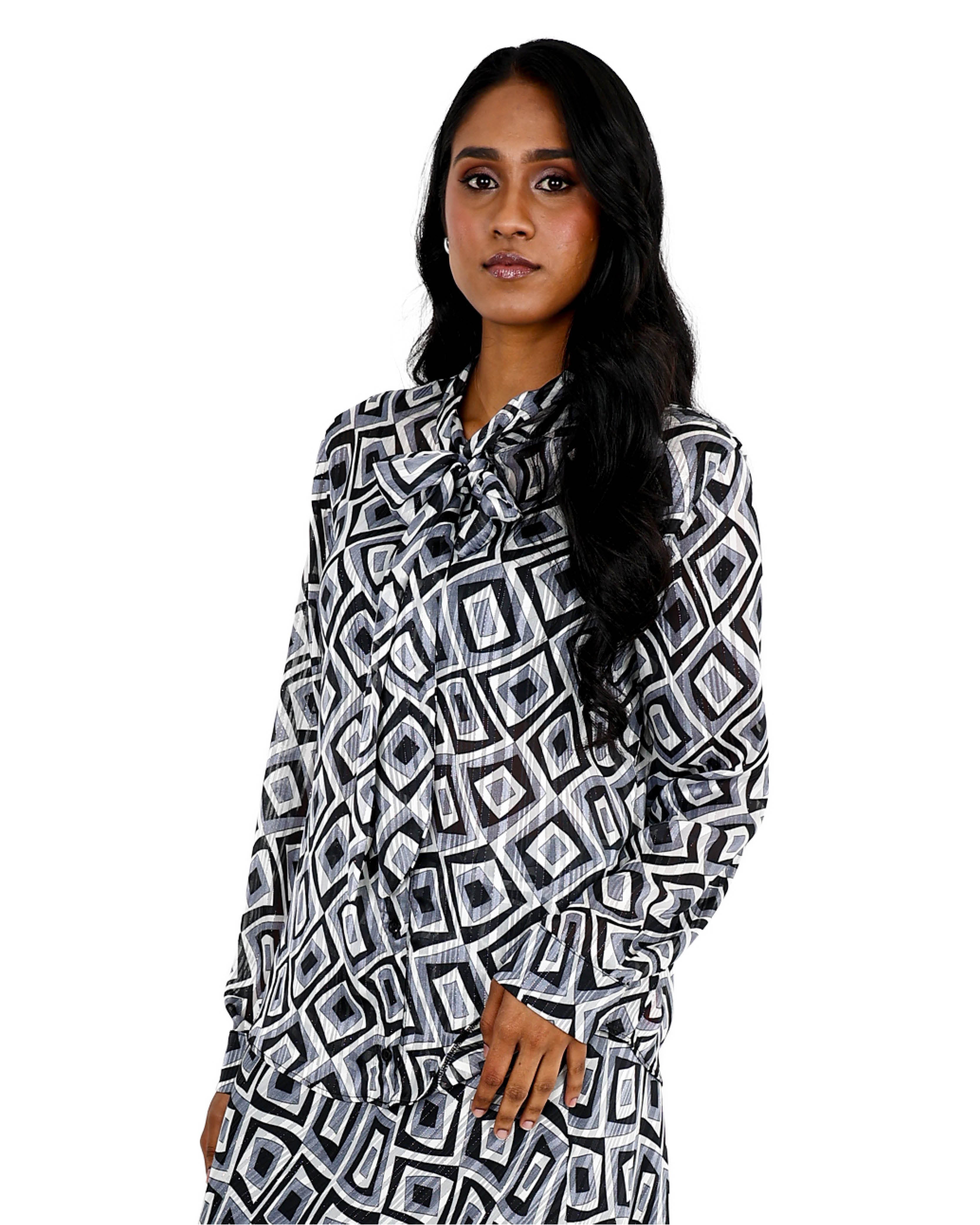 Long Sleeve Blue Geometric Lurex Kitty Bow Blouse