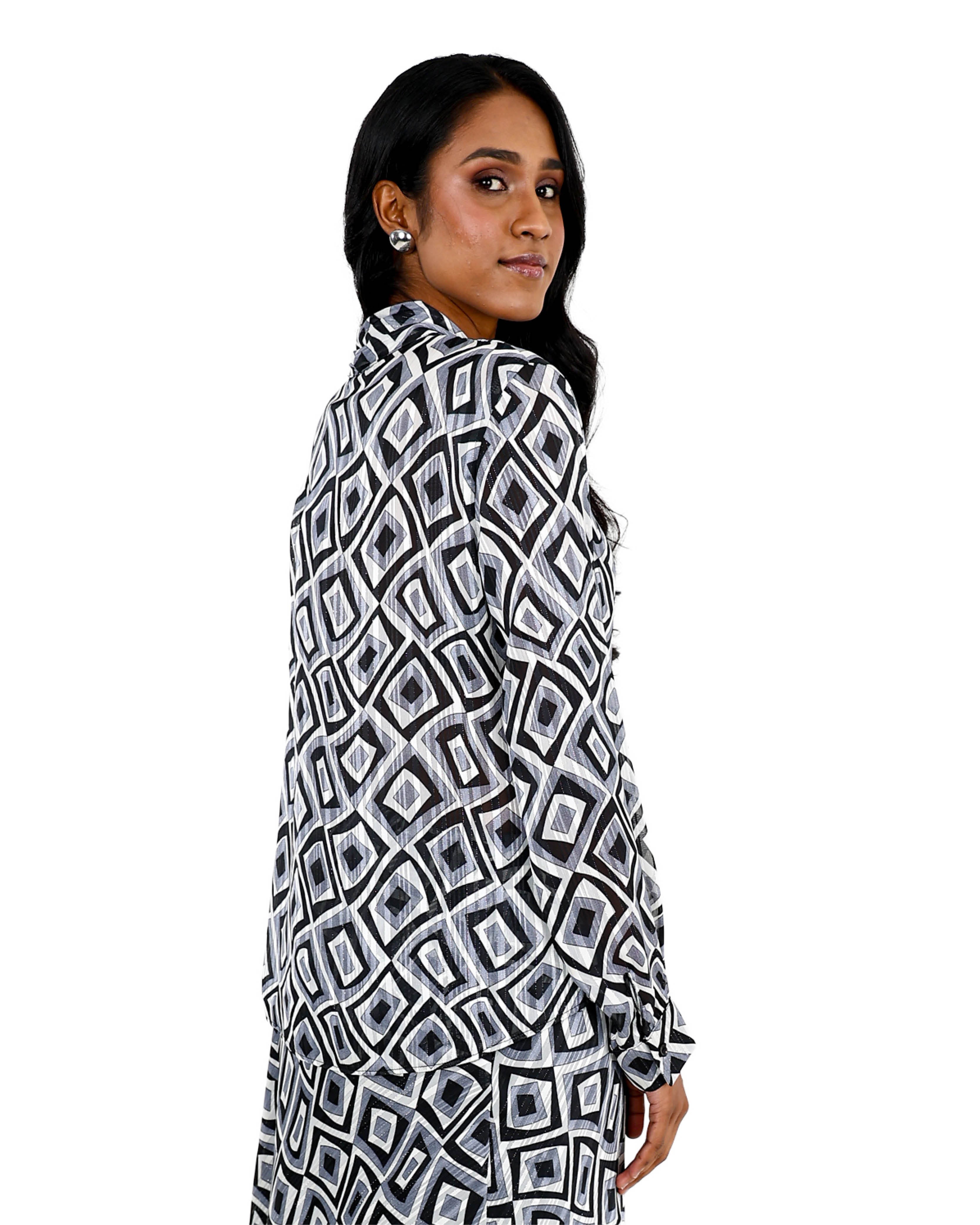 Long Sleeve Blue Geometric Lurex Kitty Bow Blouse