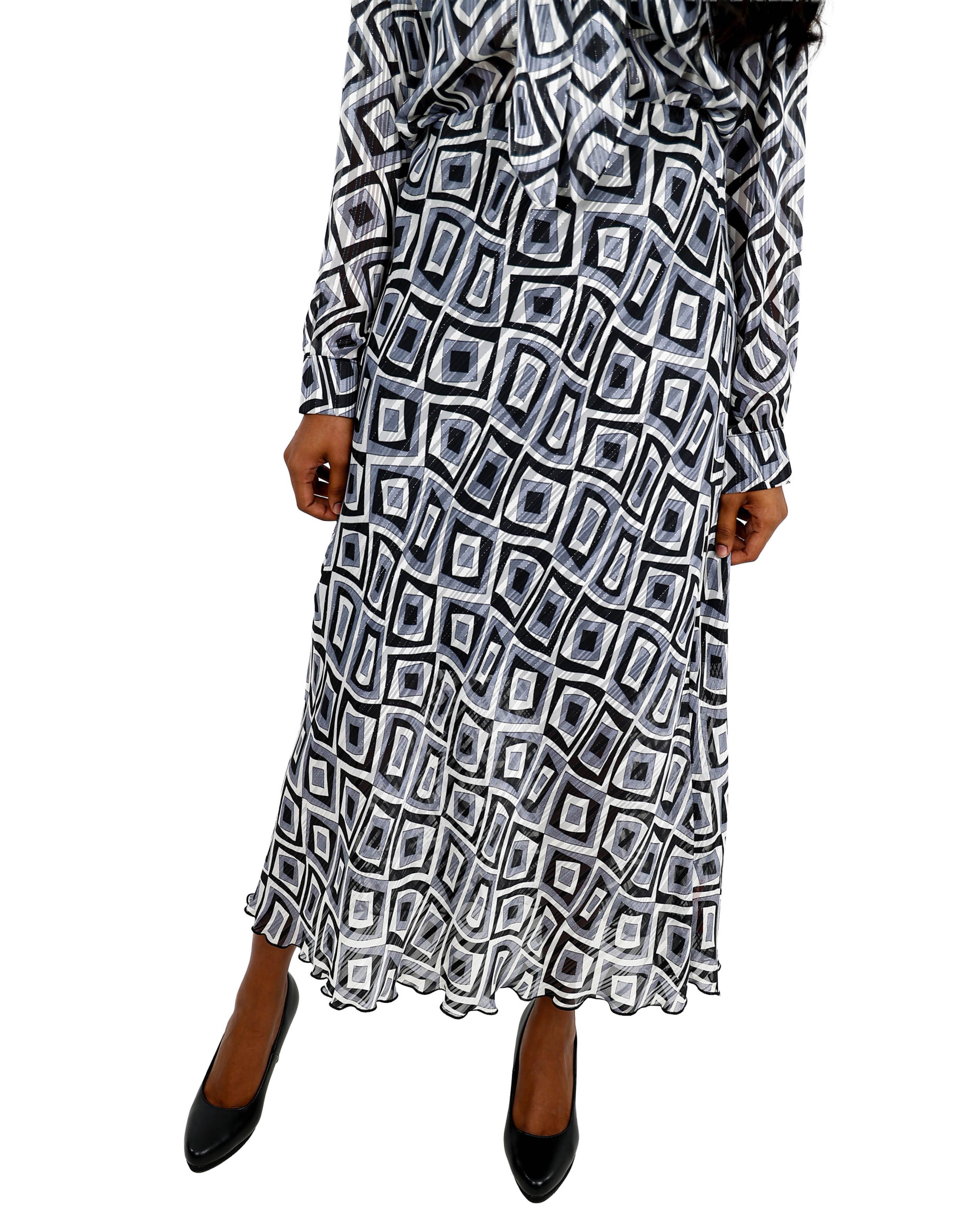 Blue Geometric Lurex Bias Cut Maxi Skirt