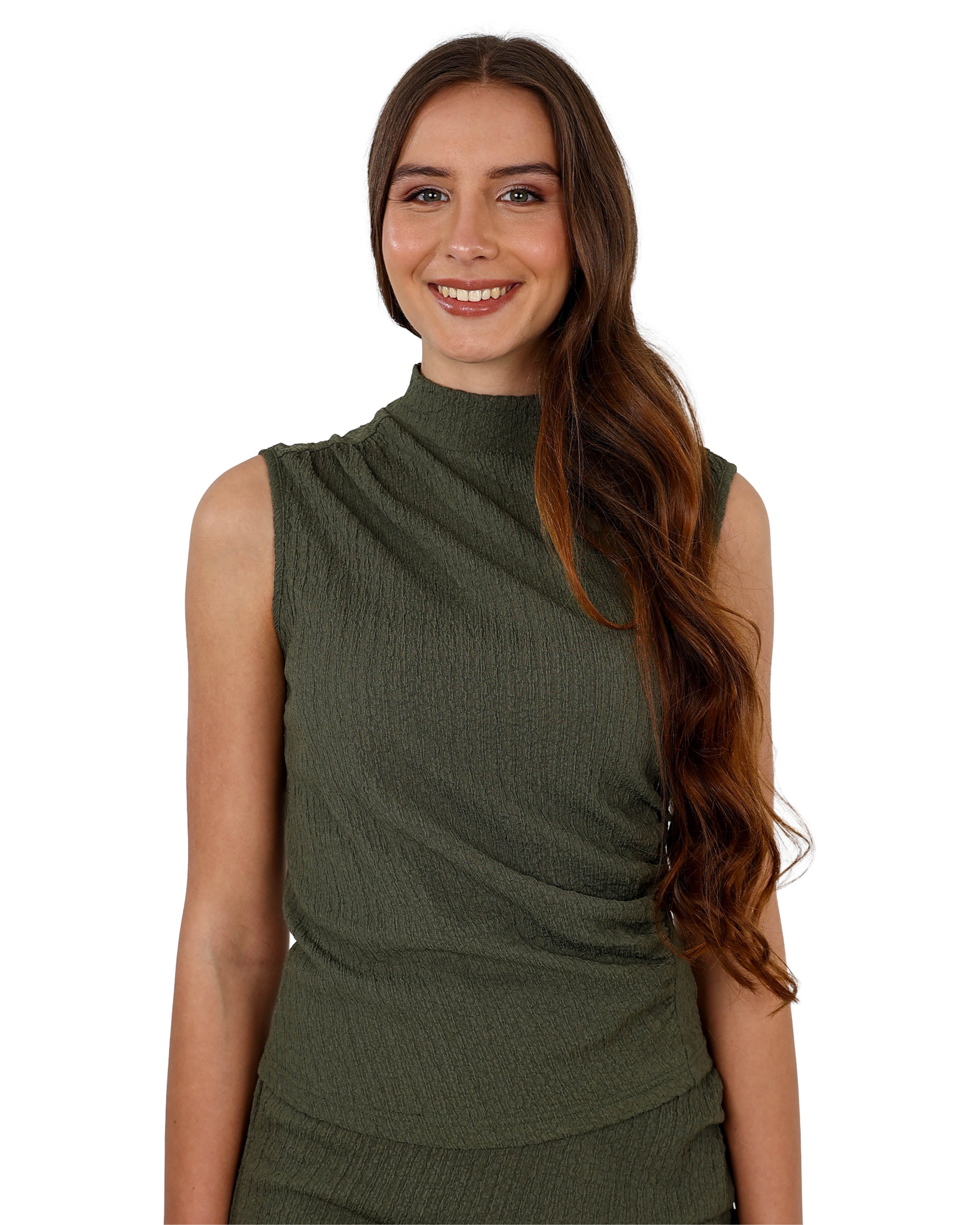 Olive Side Ruched Textured Sleeveless Top