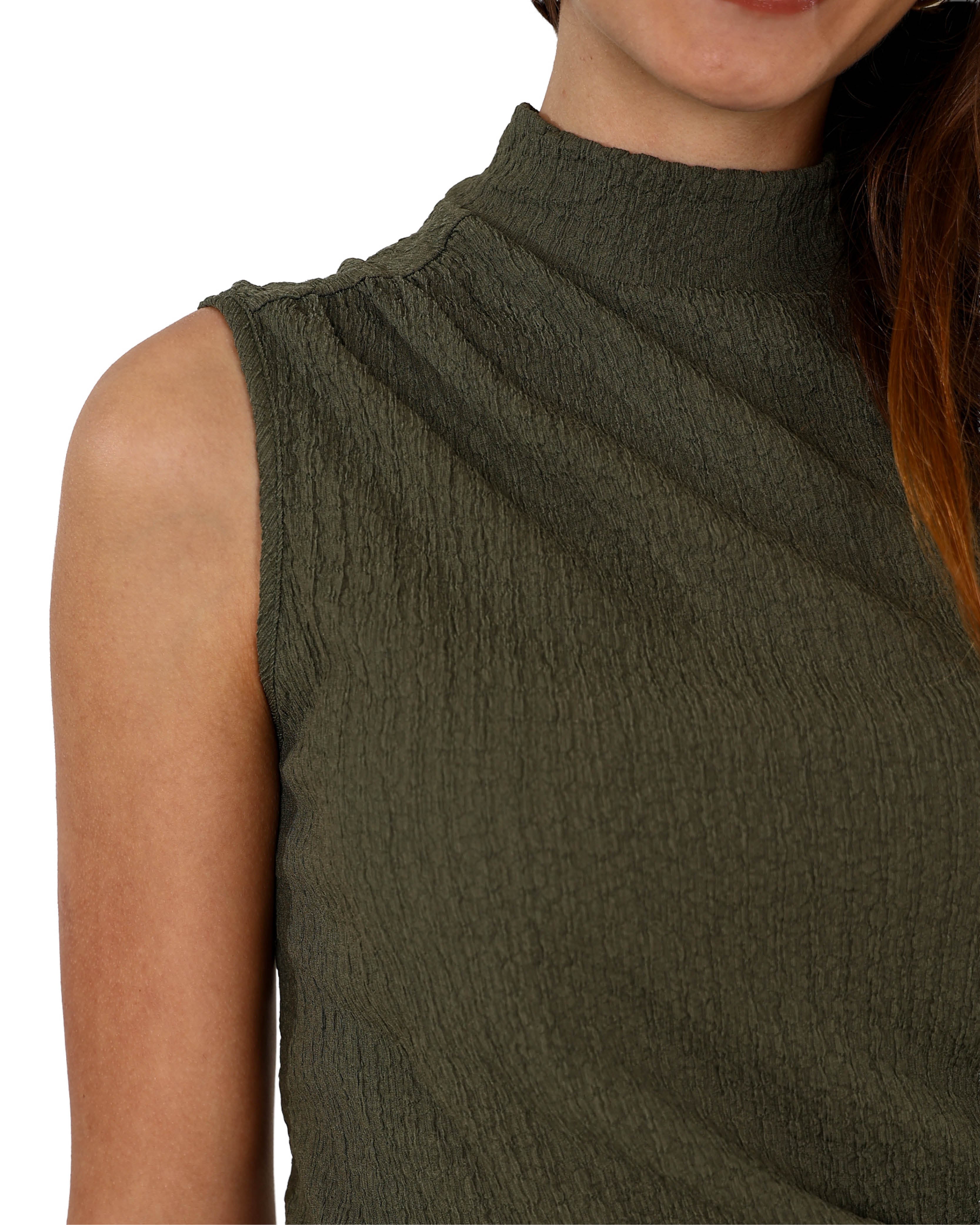 Olive Side Ruched Textured Sleeveless Top