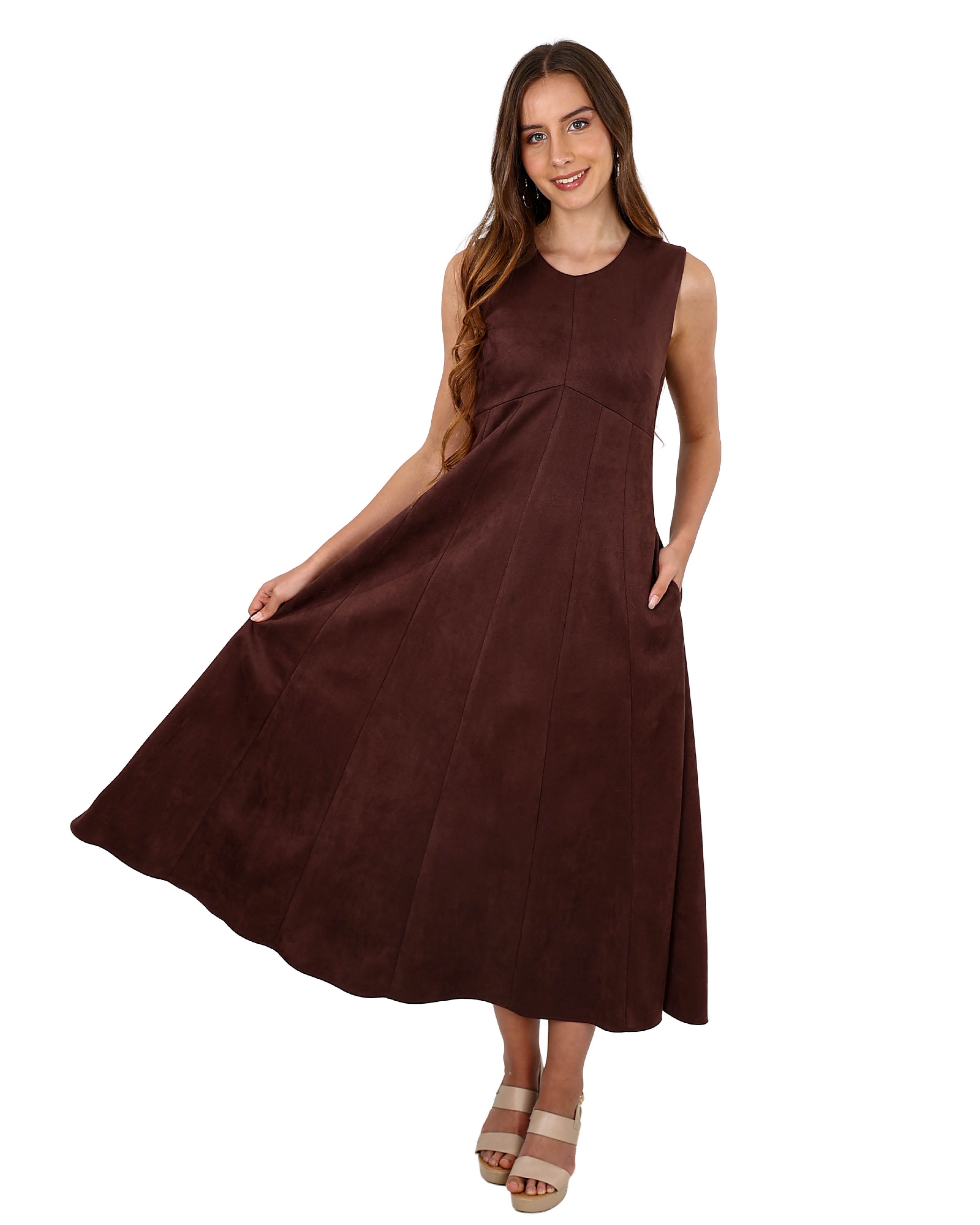 Sleeveless Chocolate Suede Paneled Maxi Dress
