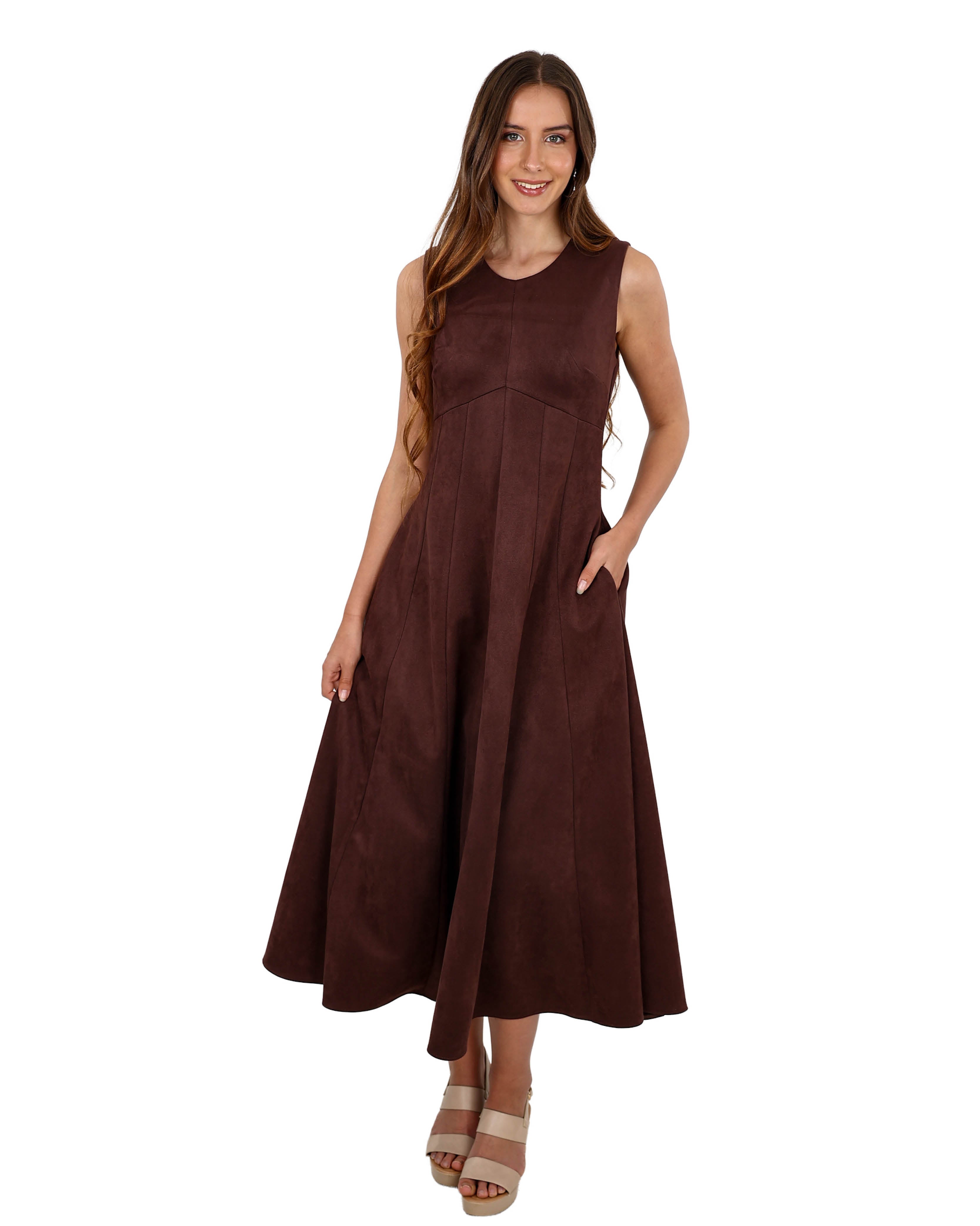 Sleeveless Chocolate Suede Paneled Maxi Dress
