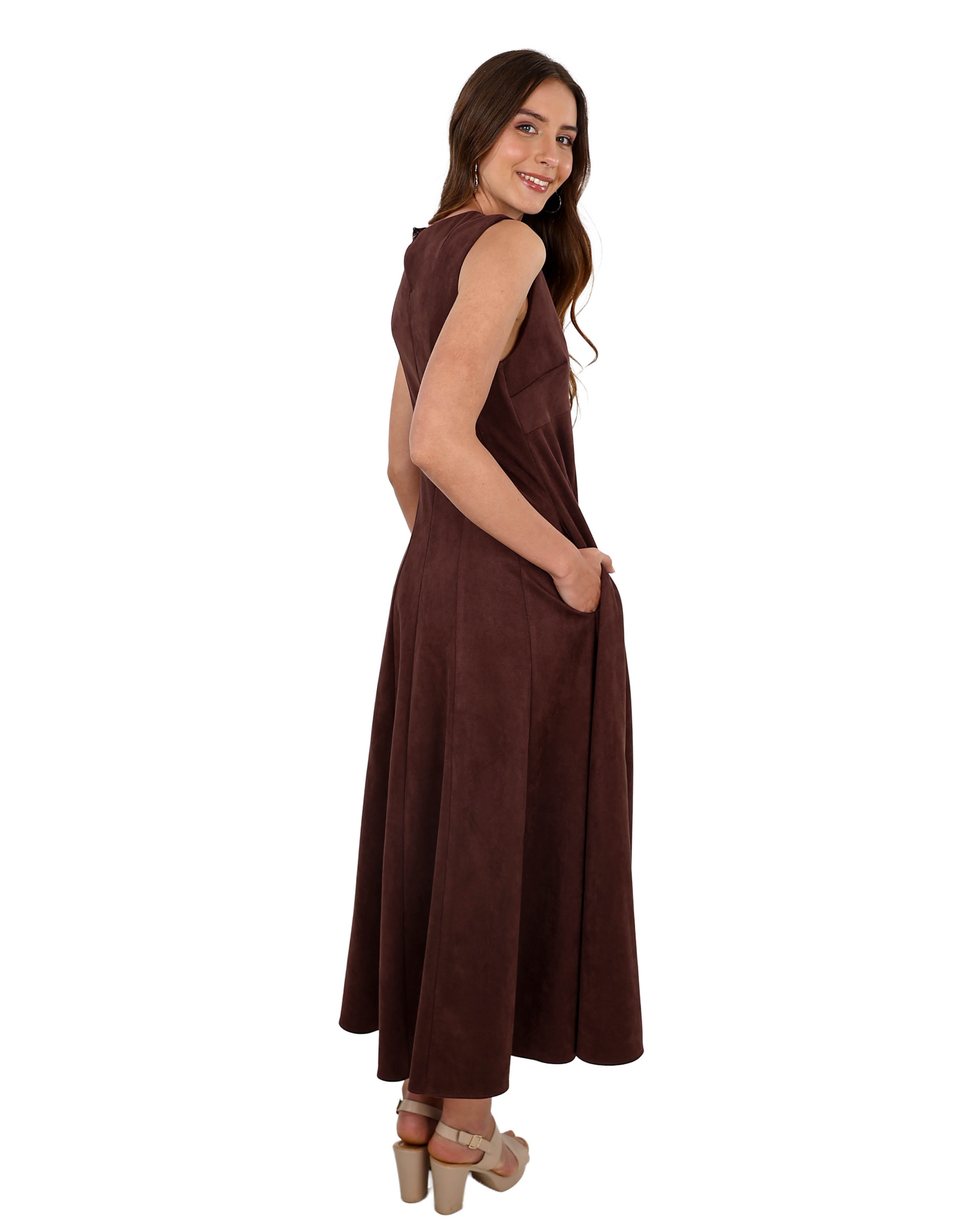 Sleeveless Chocolate Suede Paneled Maxi Dress