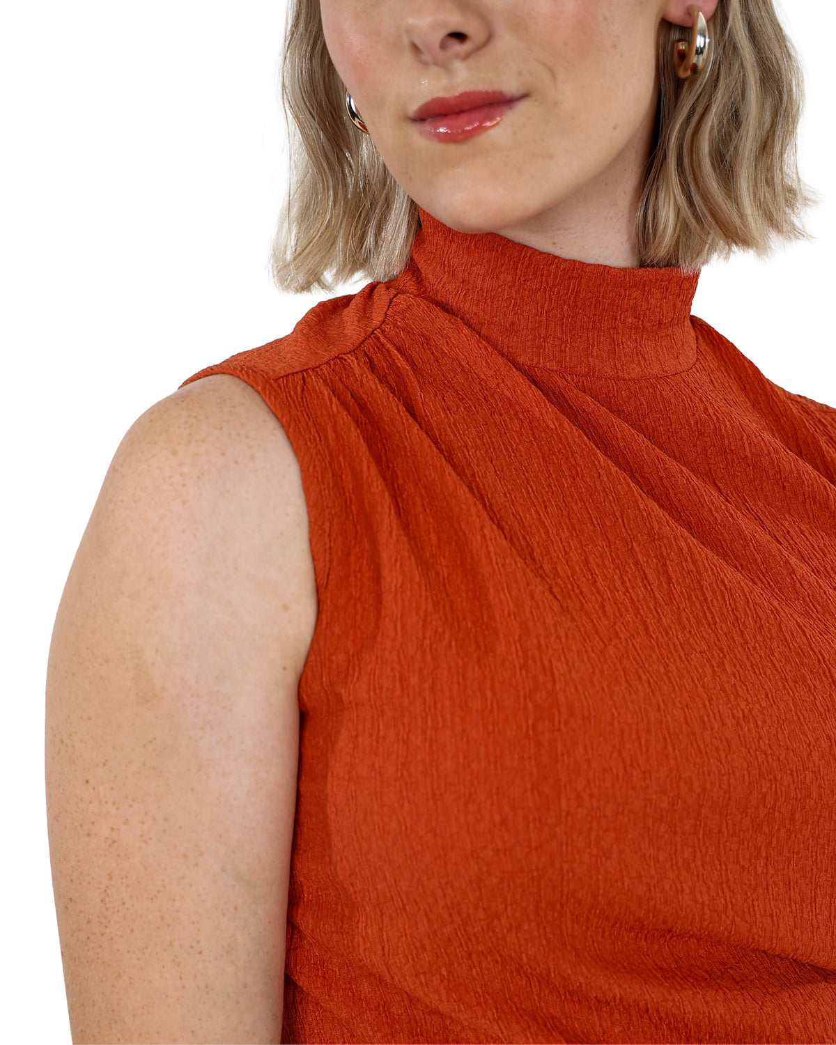 Rust Side Ruched Textured Sleeveless Top