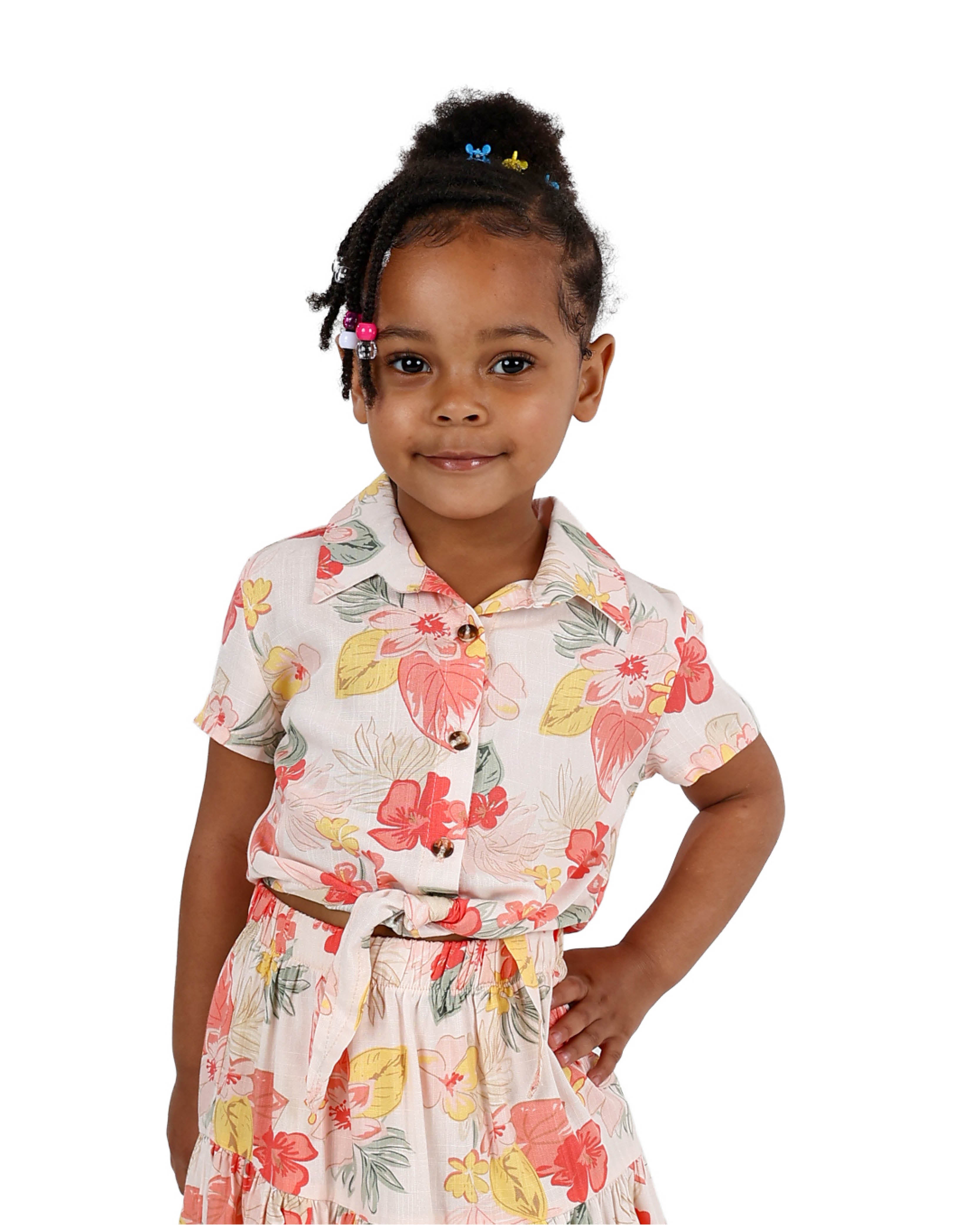 Short Sleeve Peach Floral Print Cropped Shirt