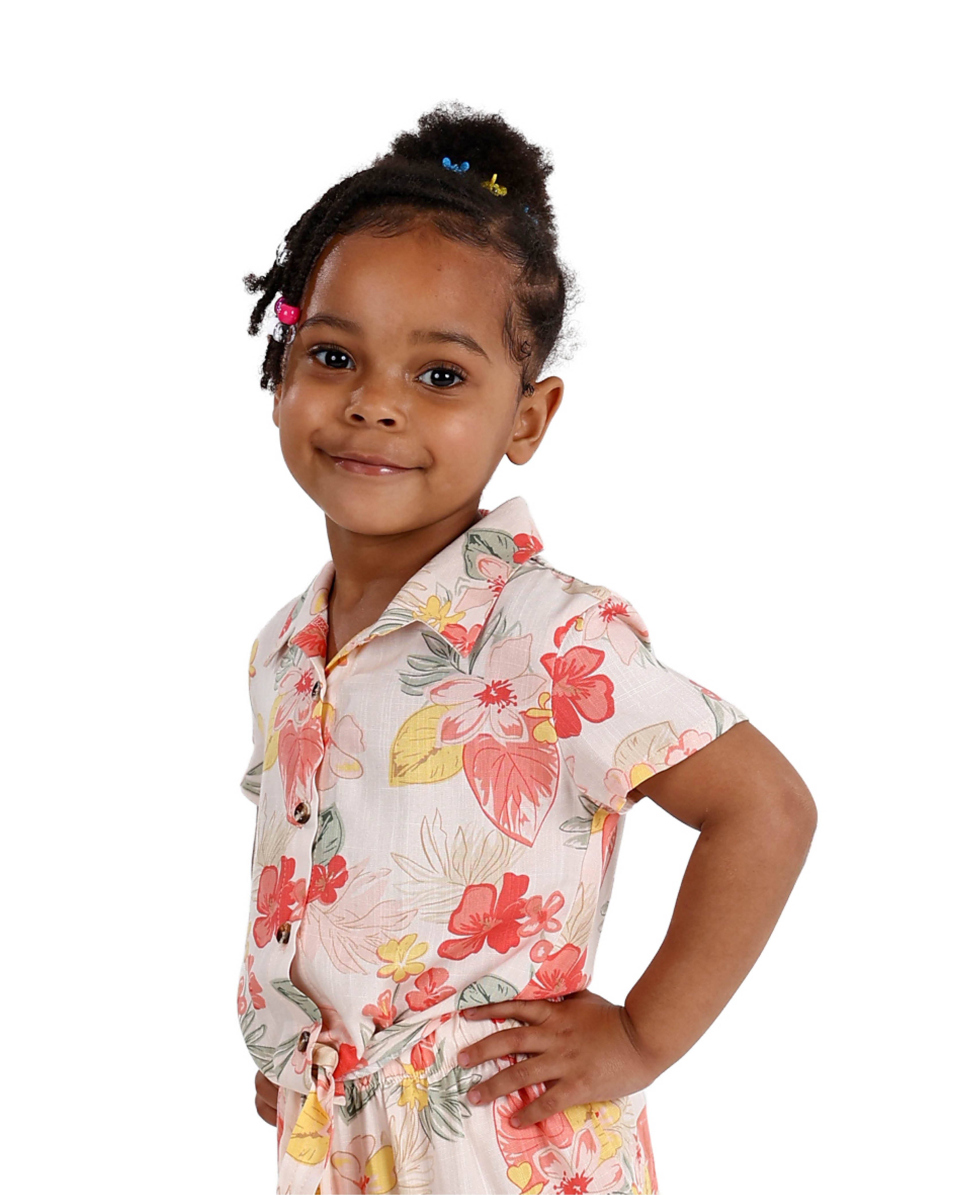 Short Sleeve Peach Floral Print Cropped Shirt