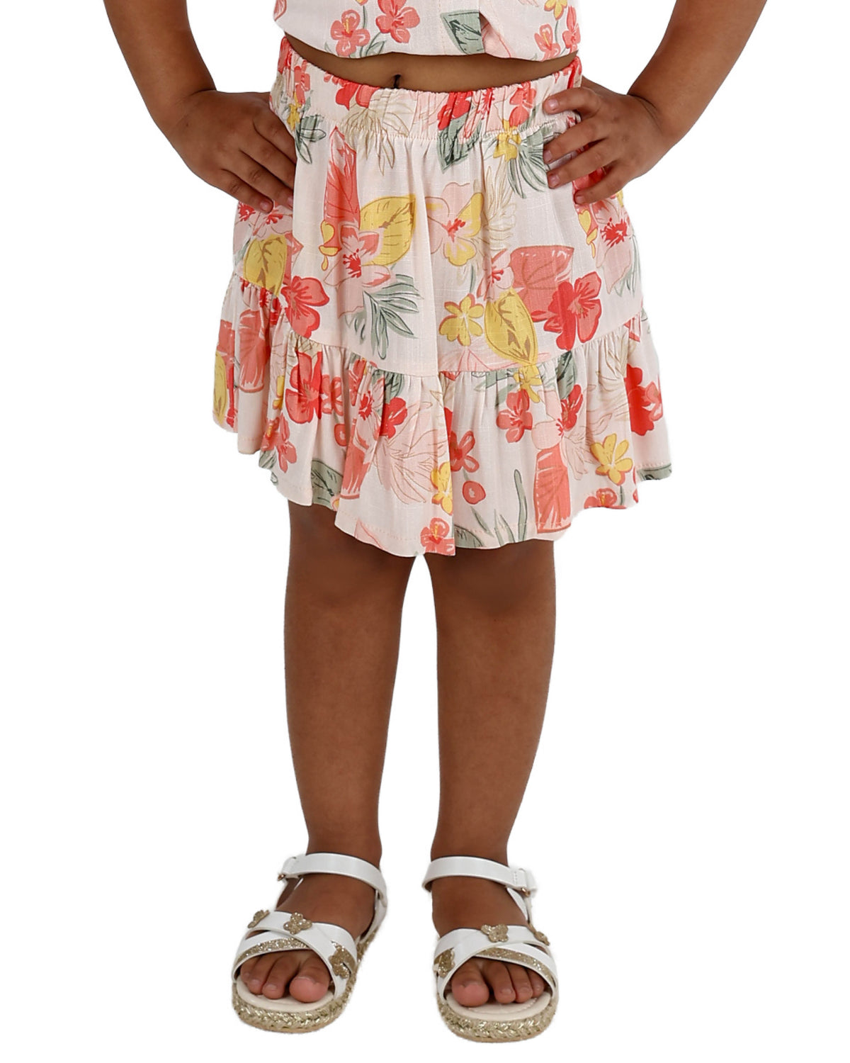 Peach Floral Print Tiered Skirt
