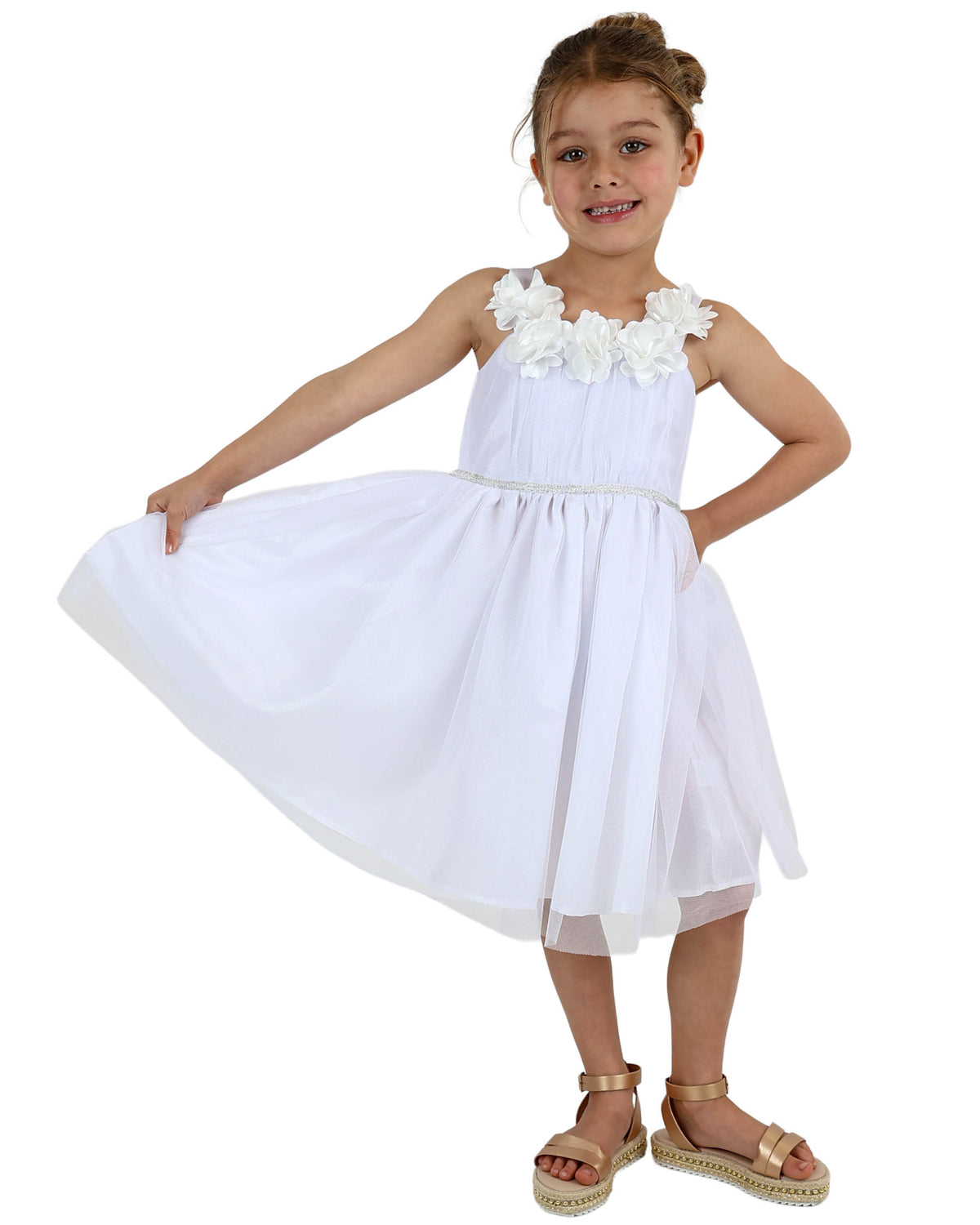 Sleeveless White Rose Detail Party Dress