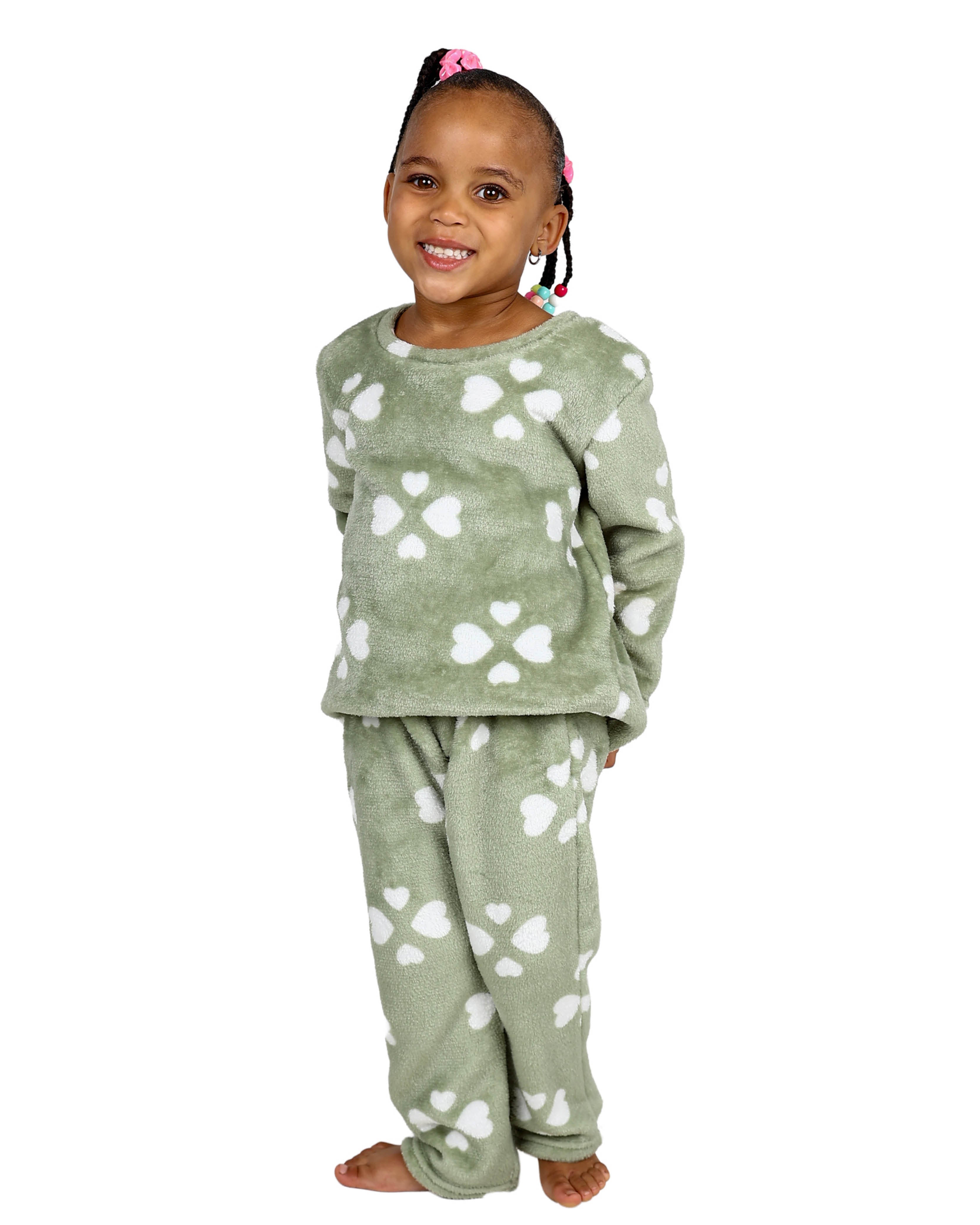 Sage Clover Hearts Fleece Long Pyjama Set