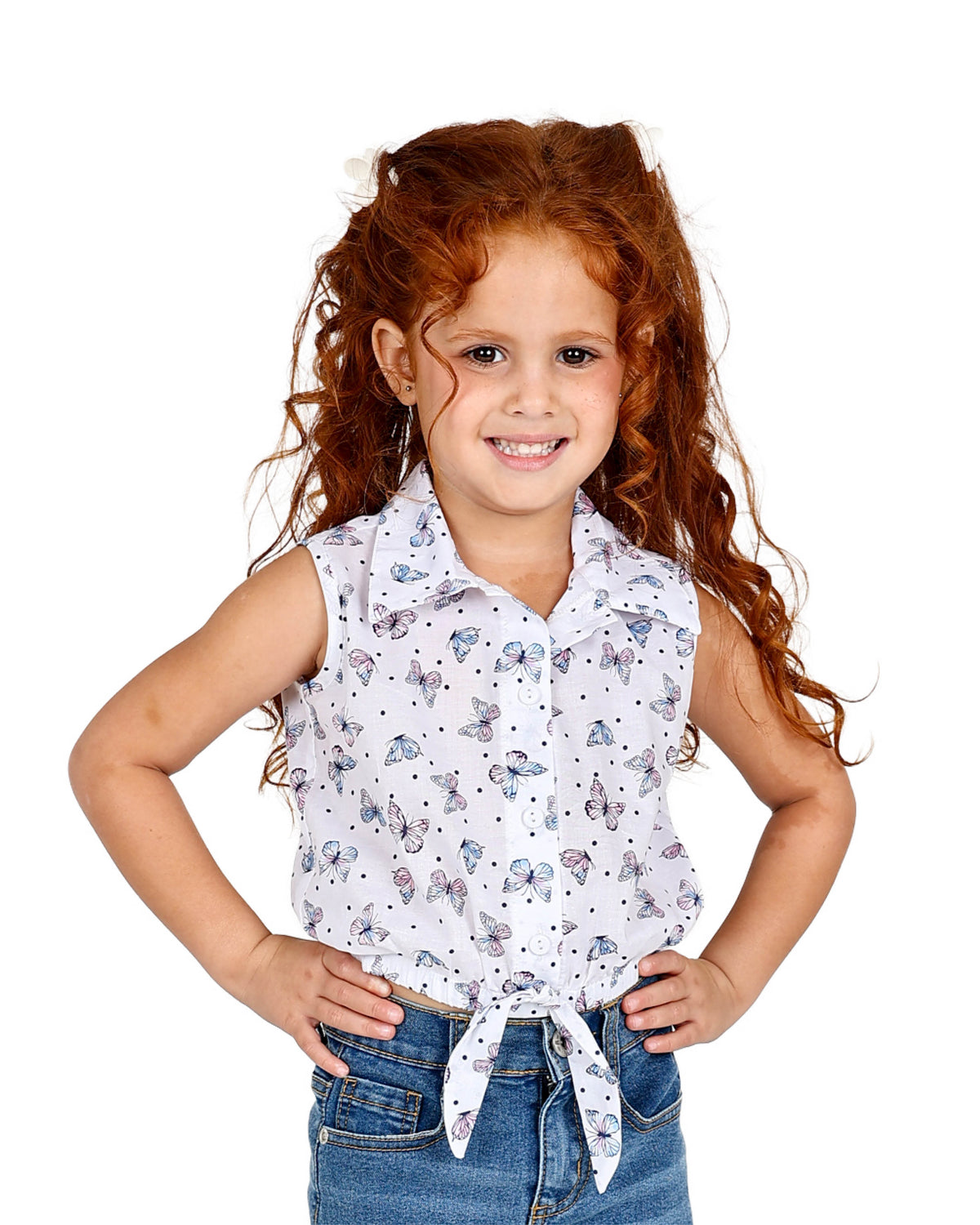 Sleeveless Butterfly Print Cropped Shirt