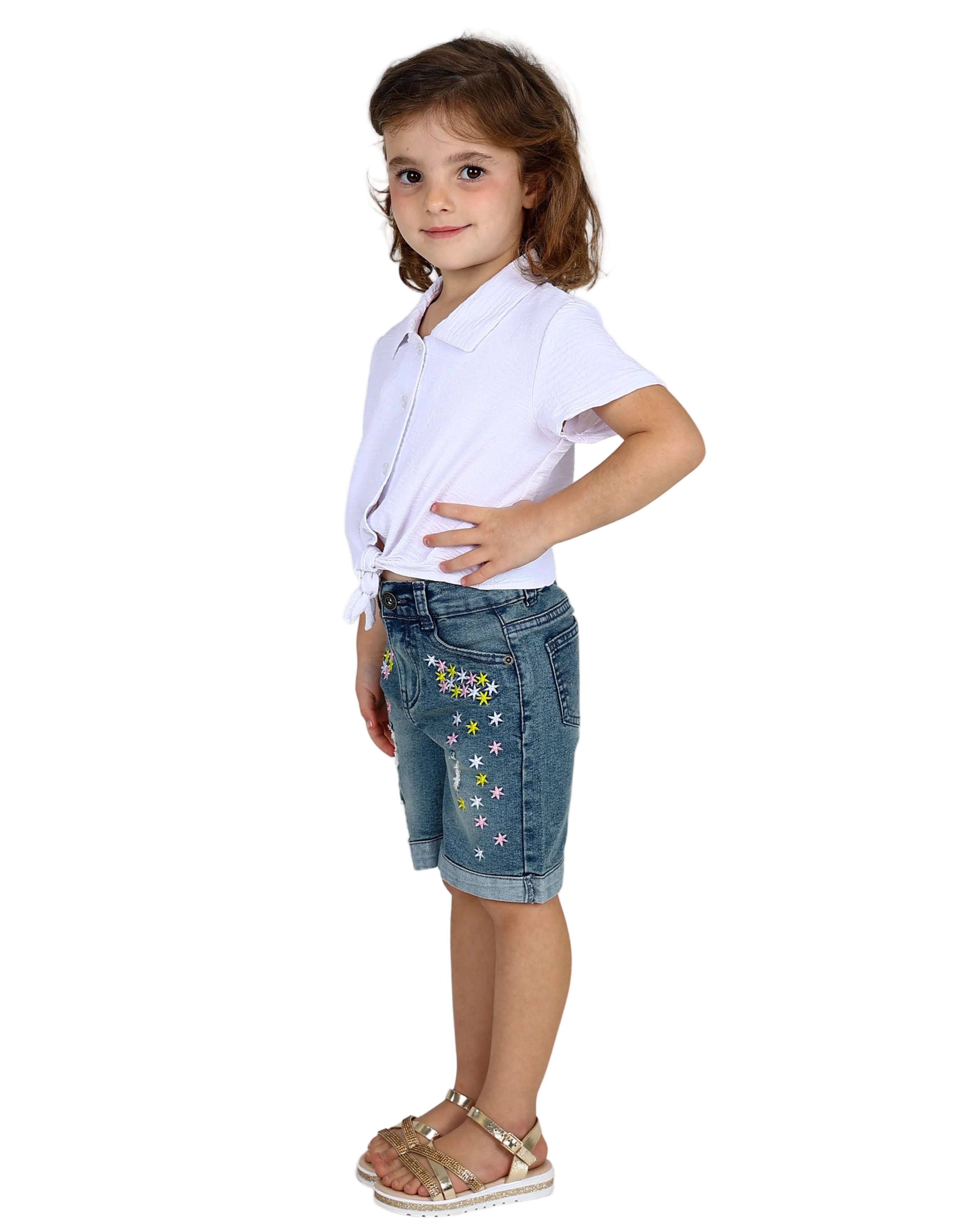 Floral Embroidered Medium Indigo Denim Shorts