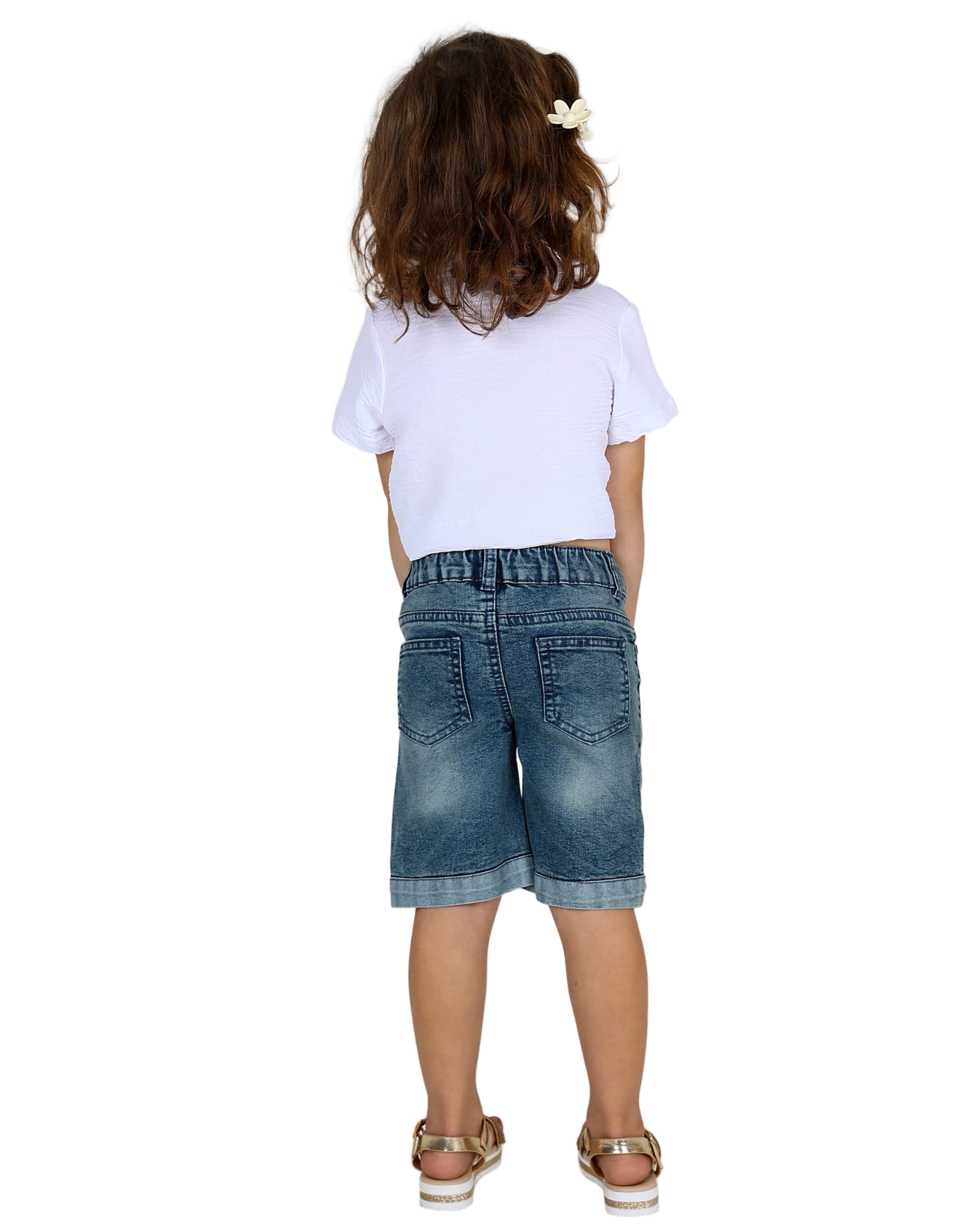 Floral Embroidered Medium Indigo Denim Shorts