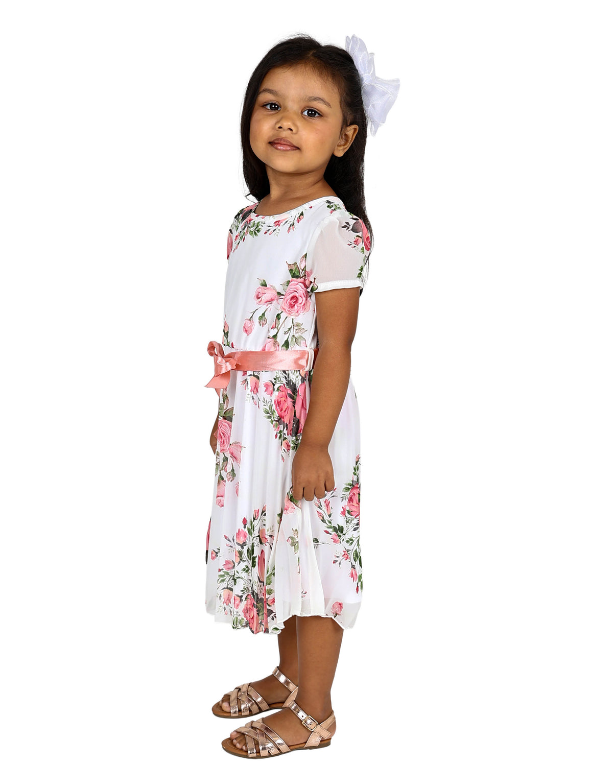Short Sleeve Floral Print Pleated Part Dress