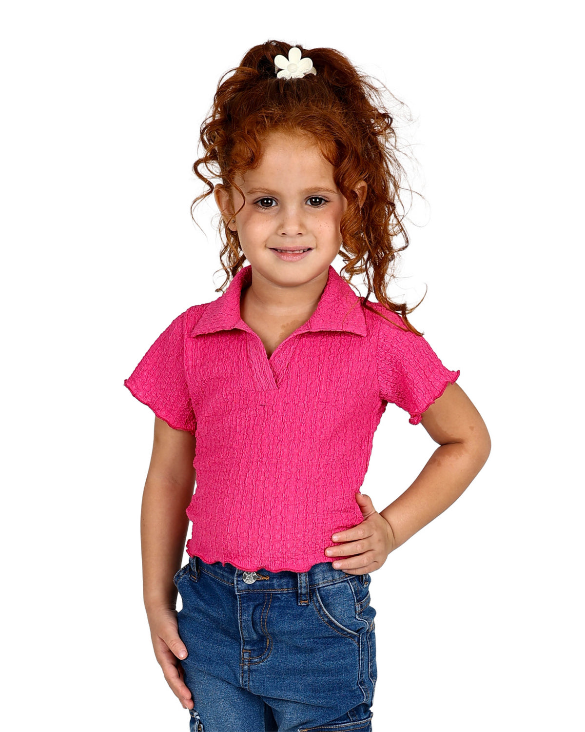 Short Sleeve Johnny Collar Textured Top