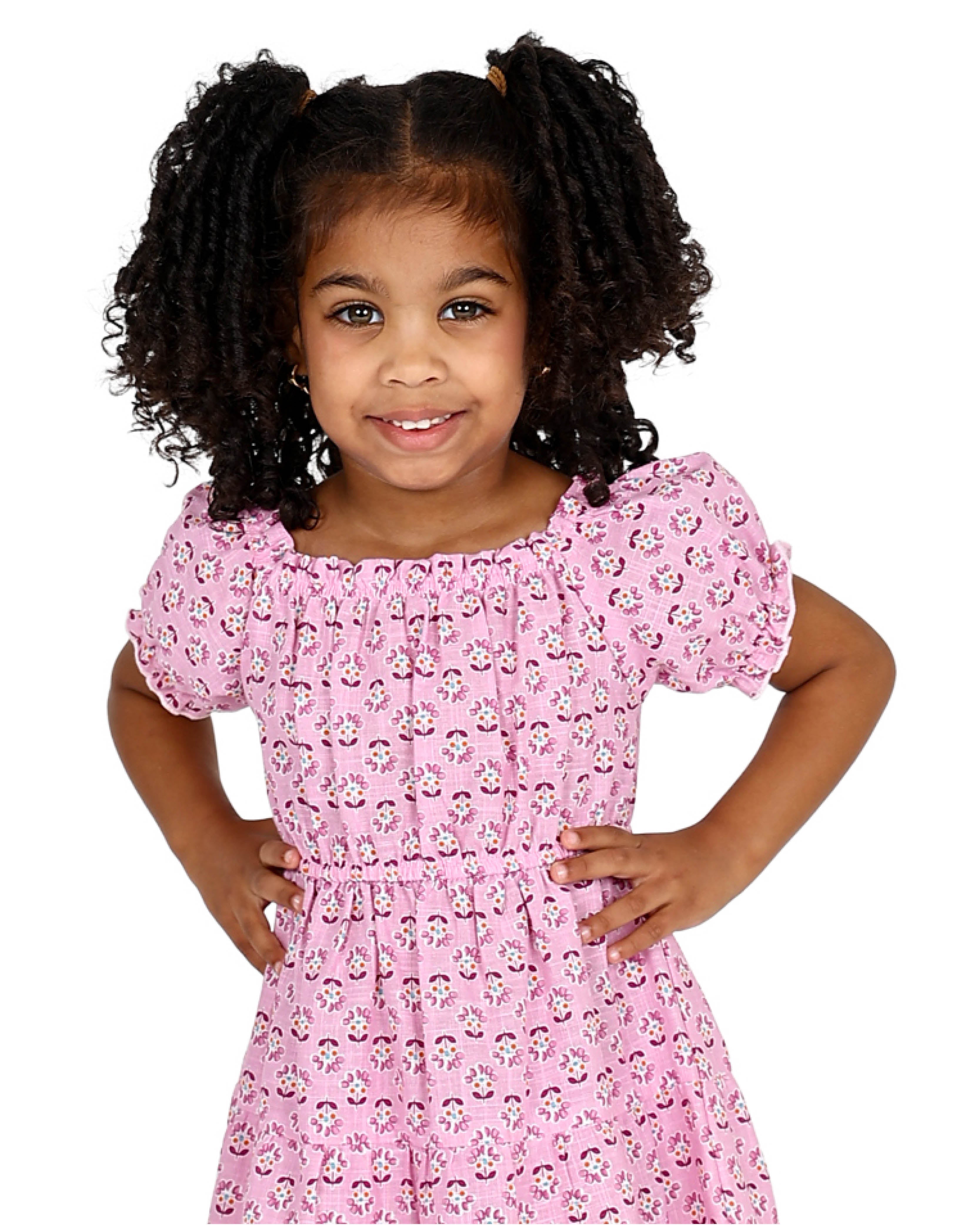 Short Puff Sleeve Border Print Detail Dress