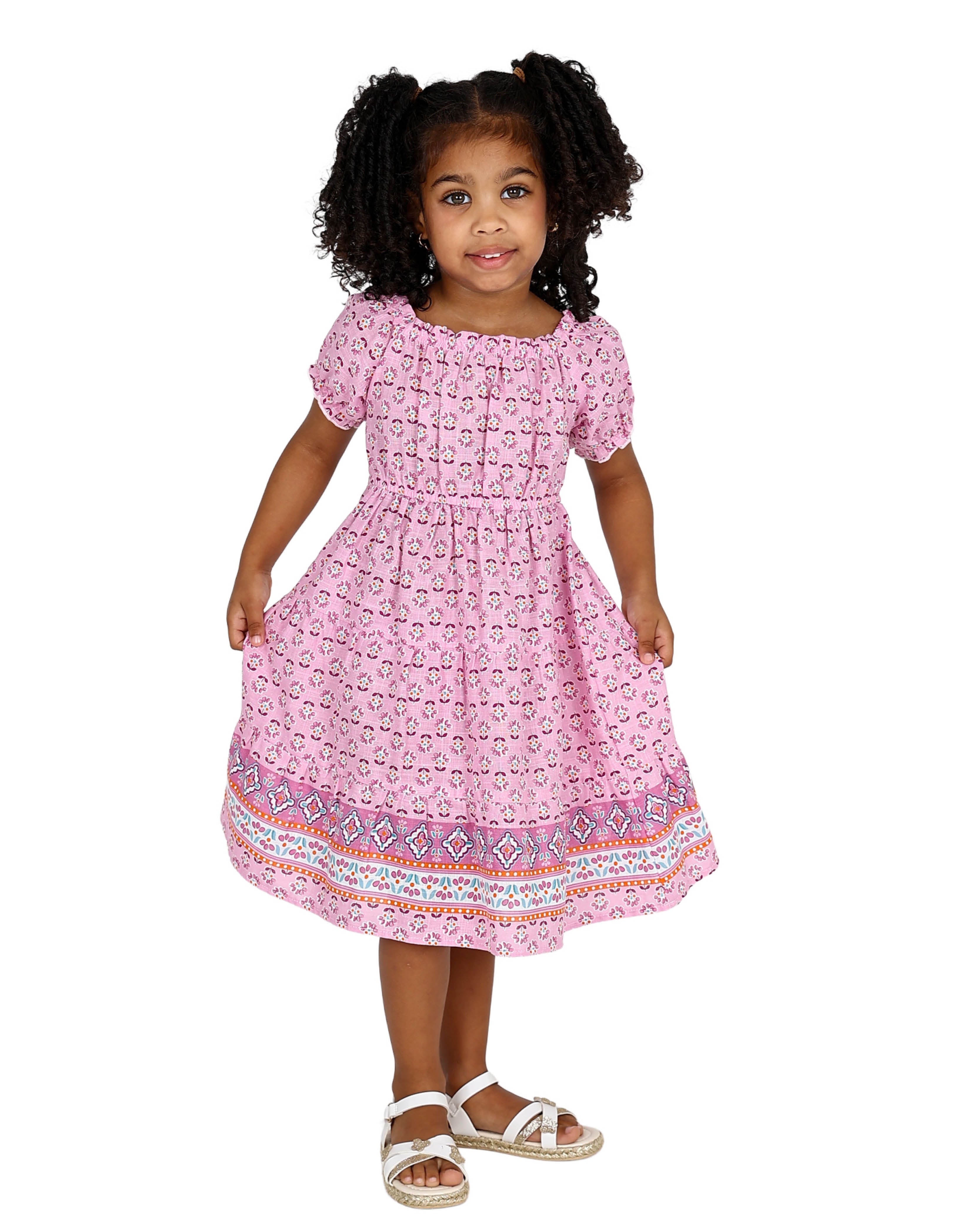Short Puff Sleeve Border Print Detail Dress