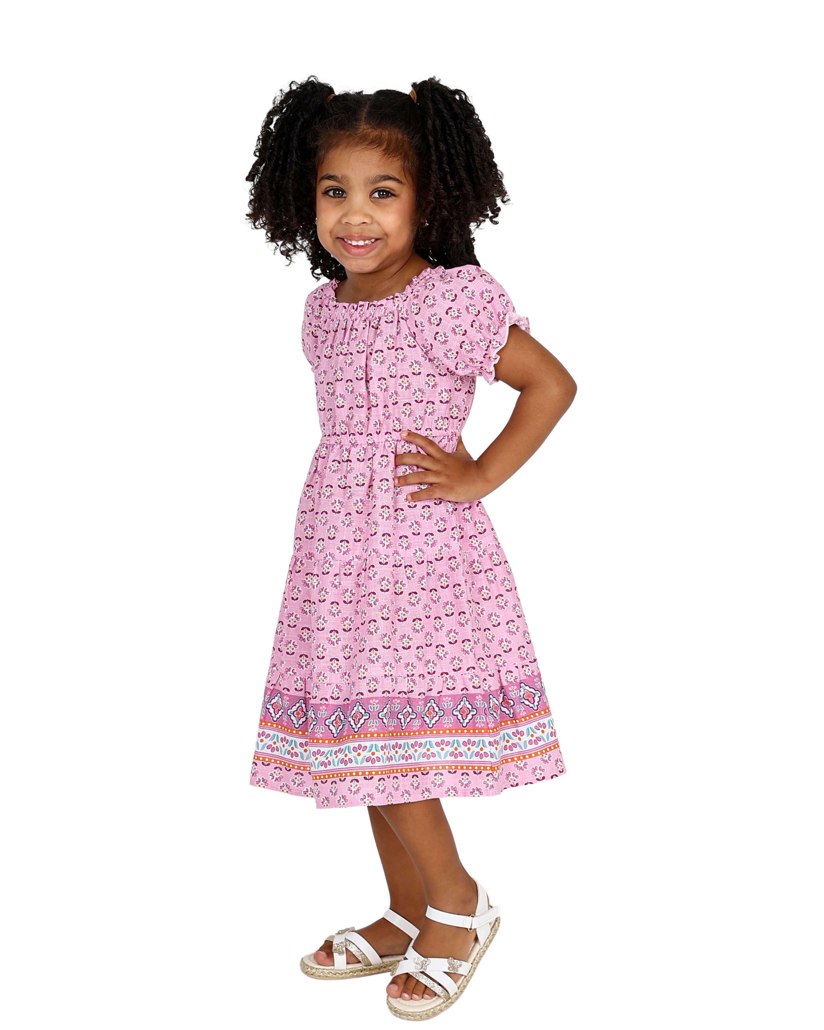 Short Puff Sleeve Border Print Detail Dress