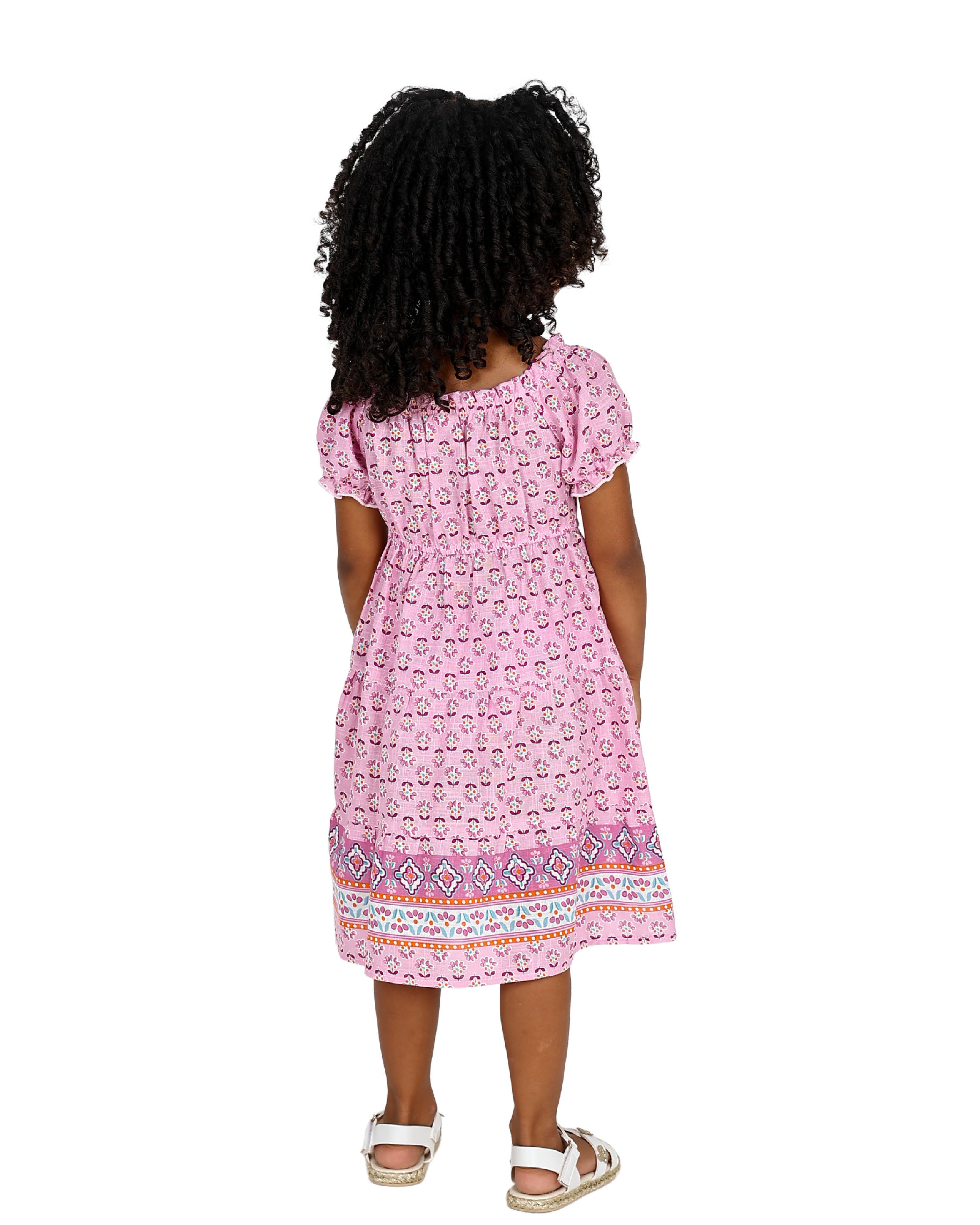 Short Puff Sleeve Border Print Detail Dress