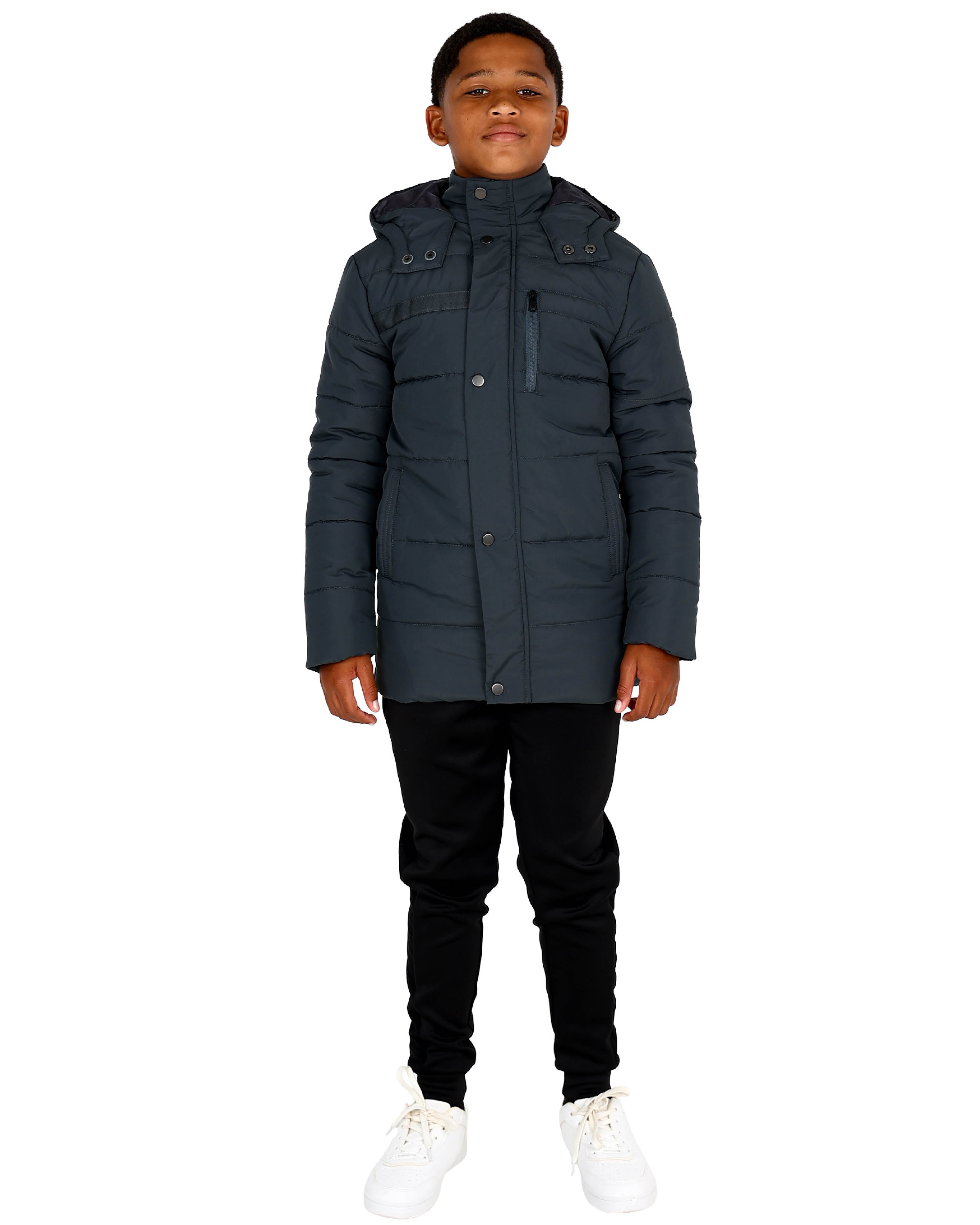 Charcoal Longer Length Hooded Puffer Jacket