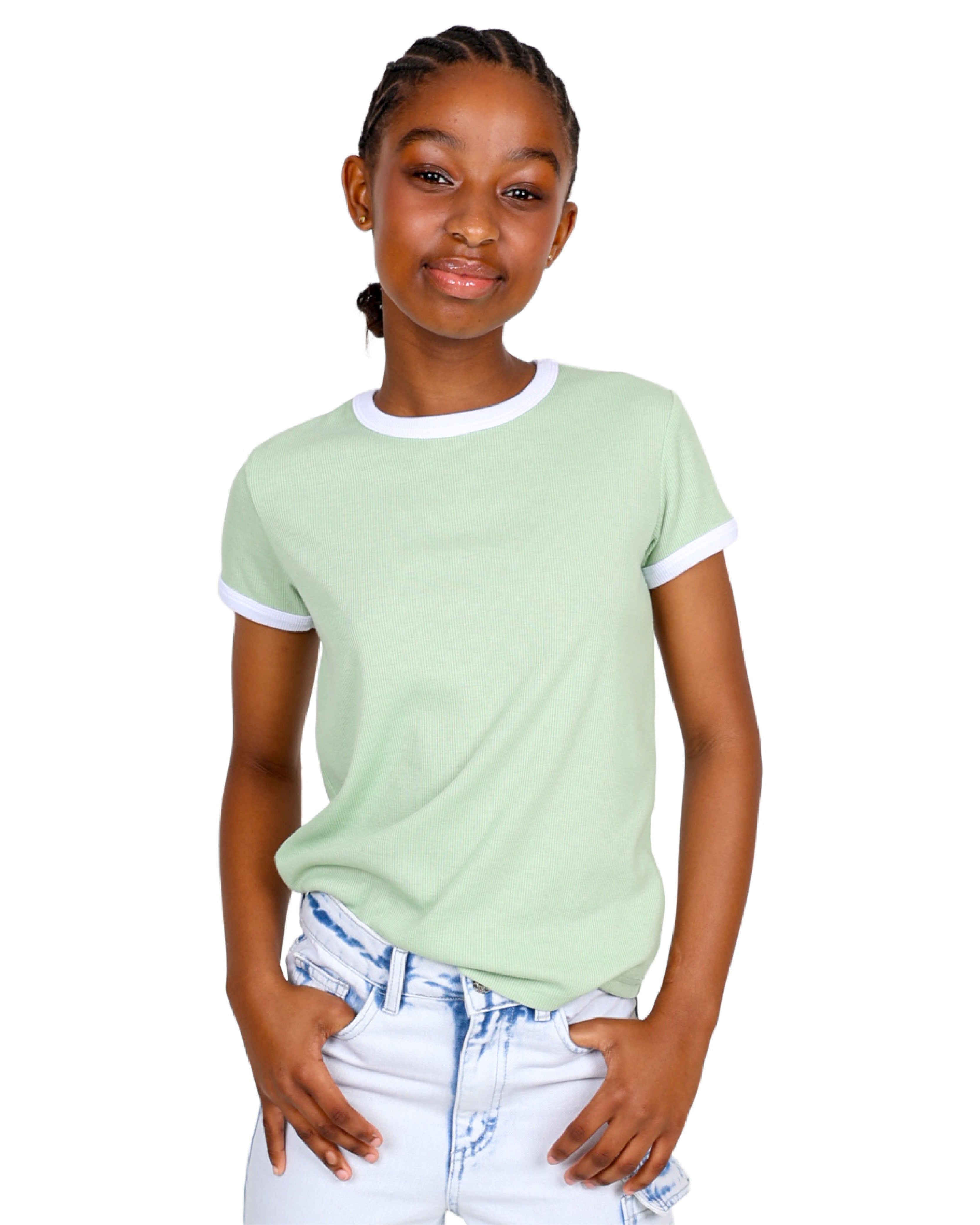 Sage Short Sleeve Contrast Ribbed T-Shirt