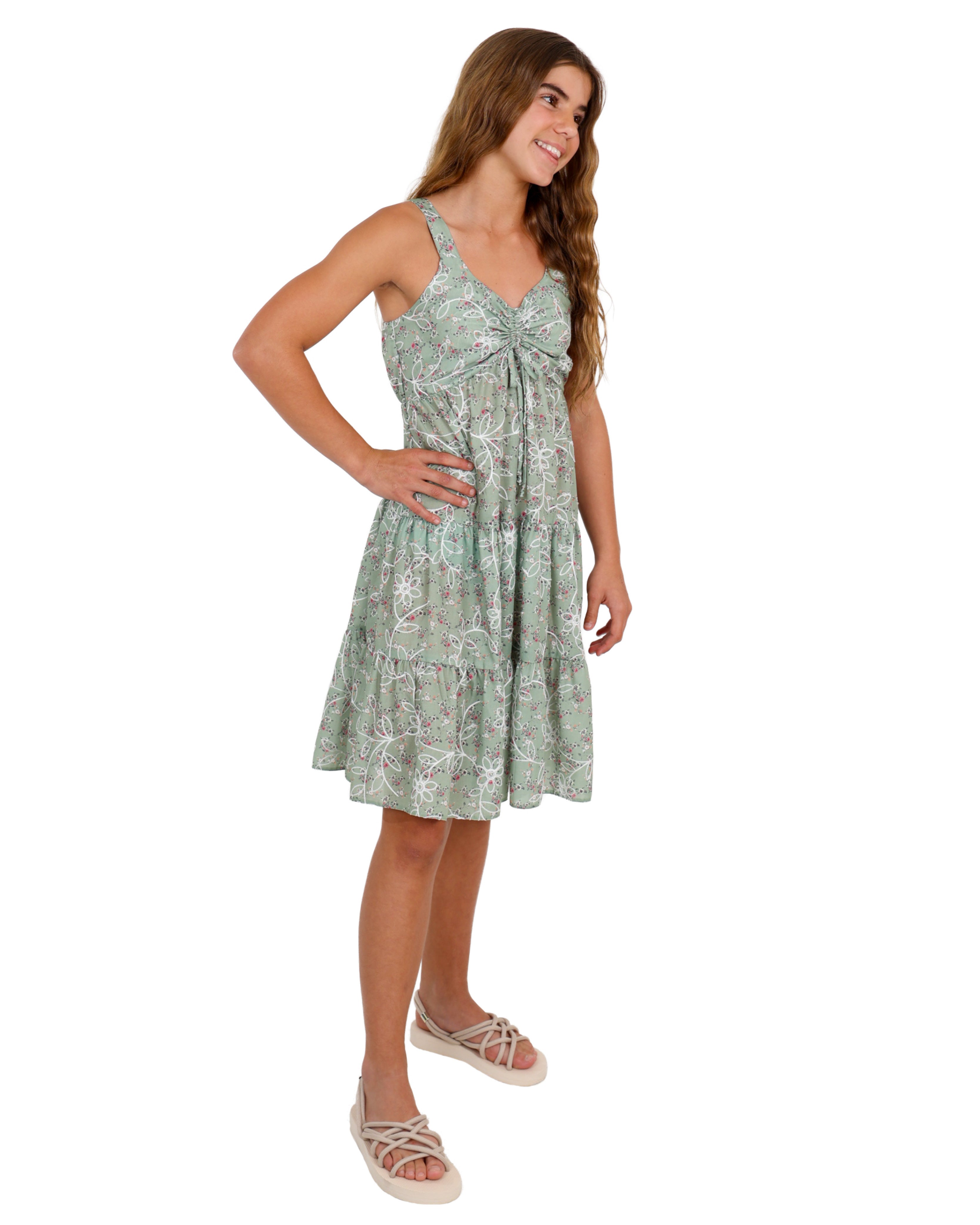 Green Floral Print Tiered Strappy Dress