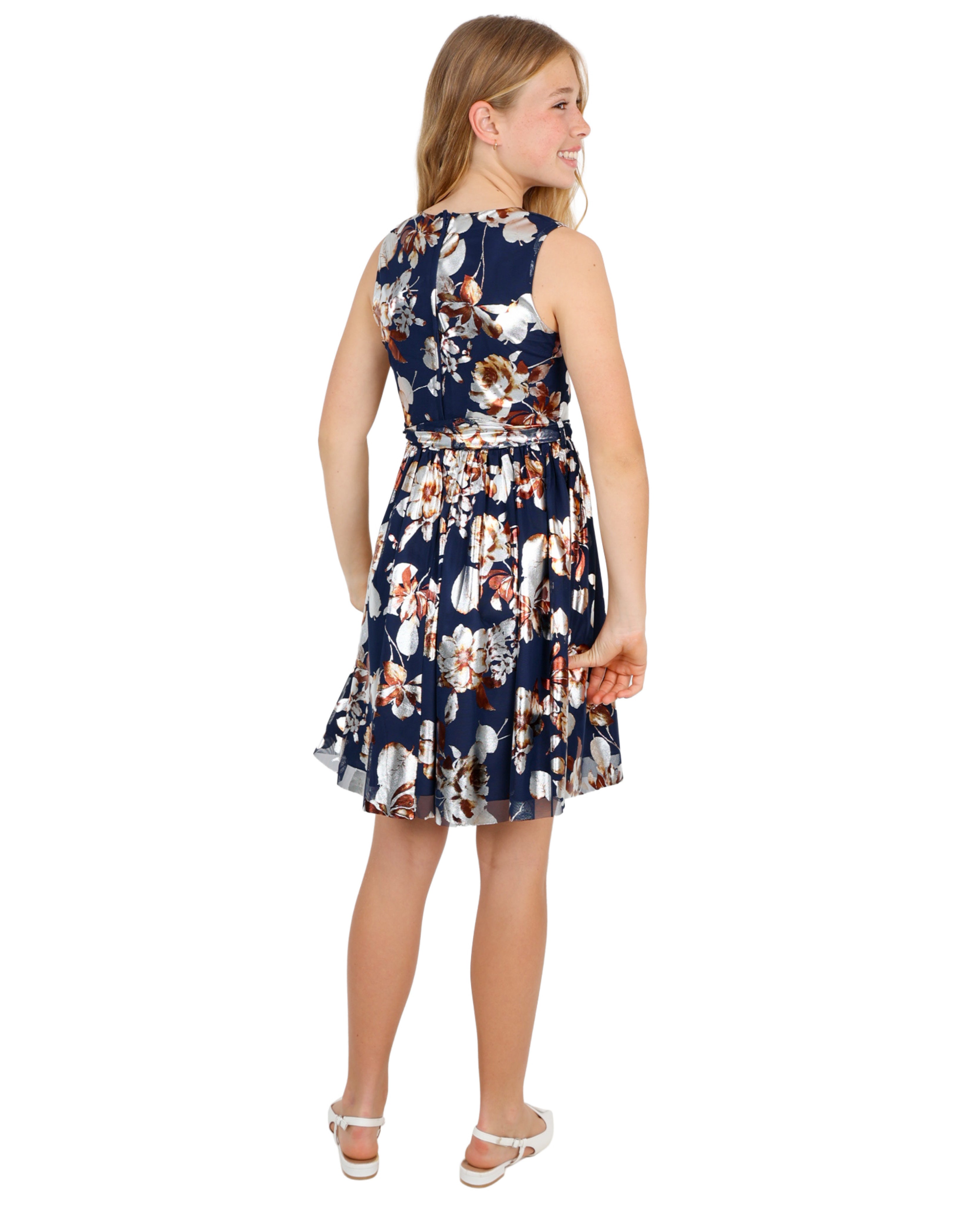 Foil Detail Floral Print Sleeveless Party Dress