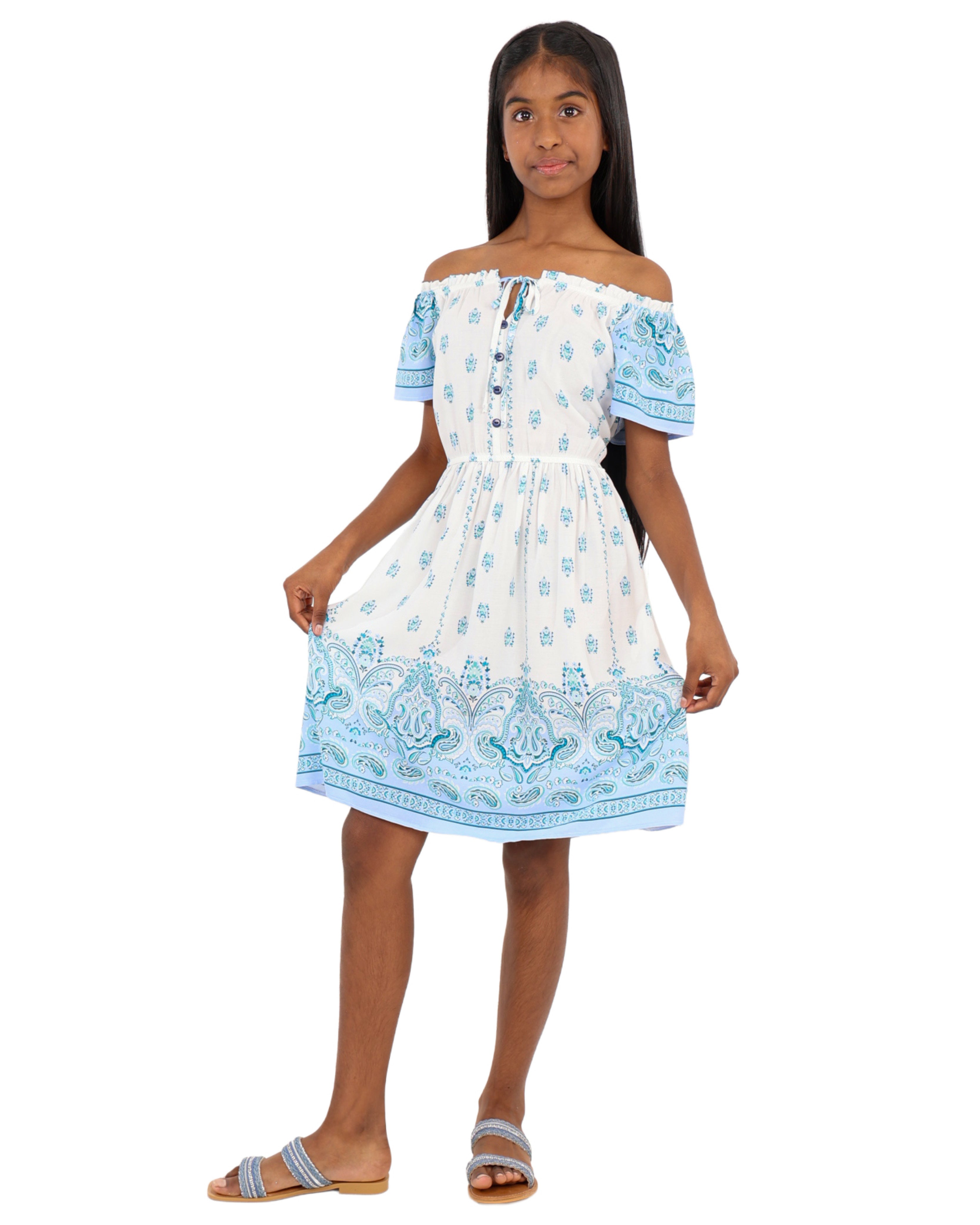 Floral Border Print Short Sleeve Summer Dress