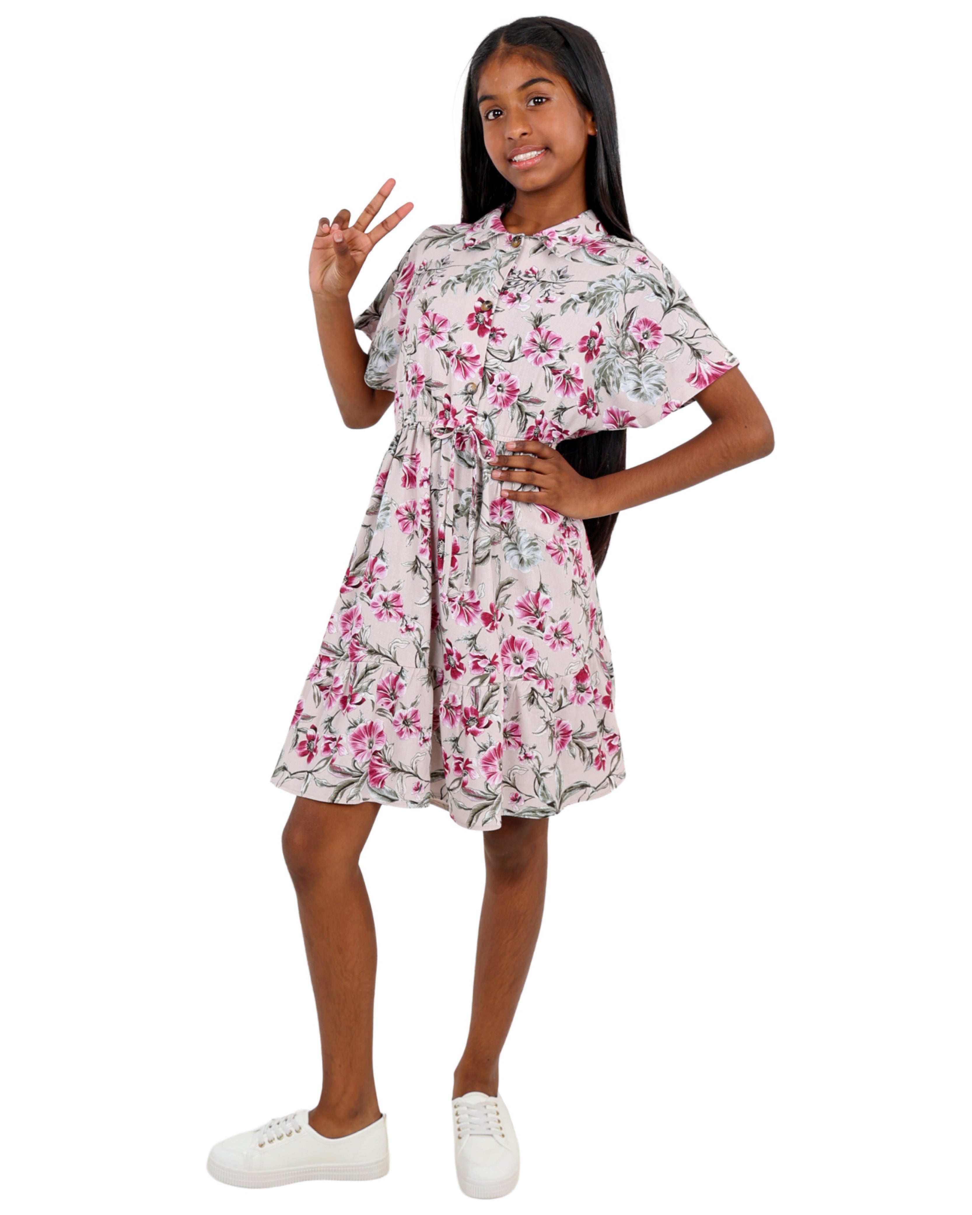 Short Sleeve Floral Print Button Up Dress