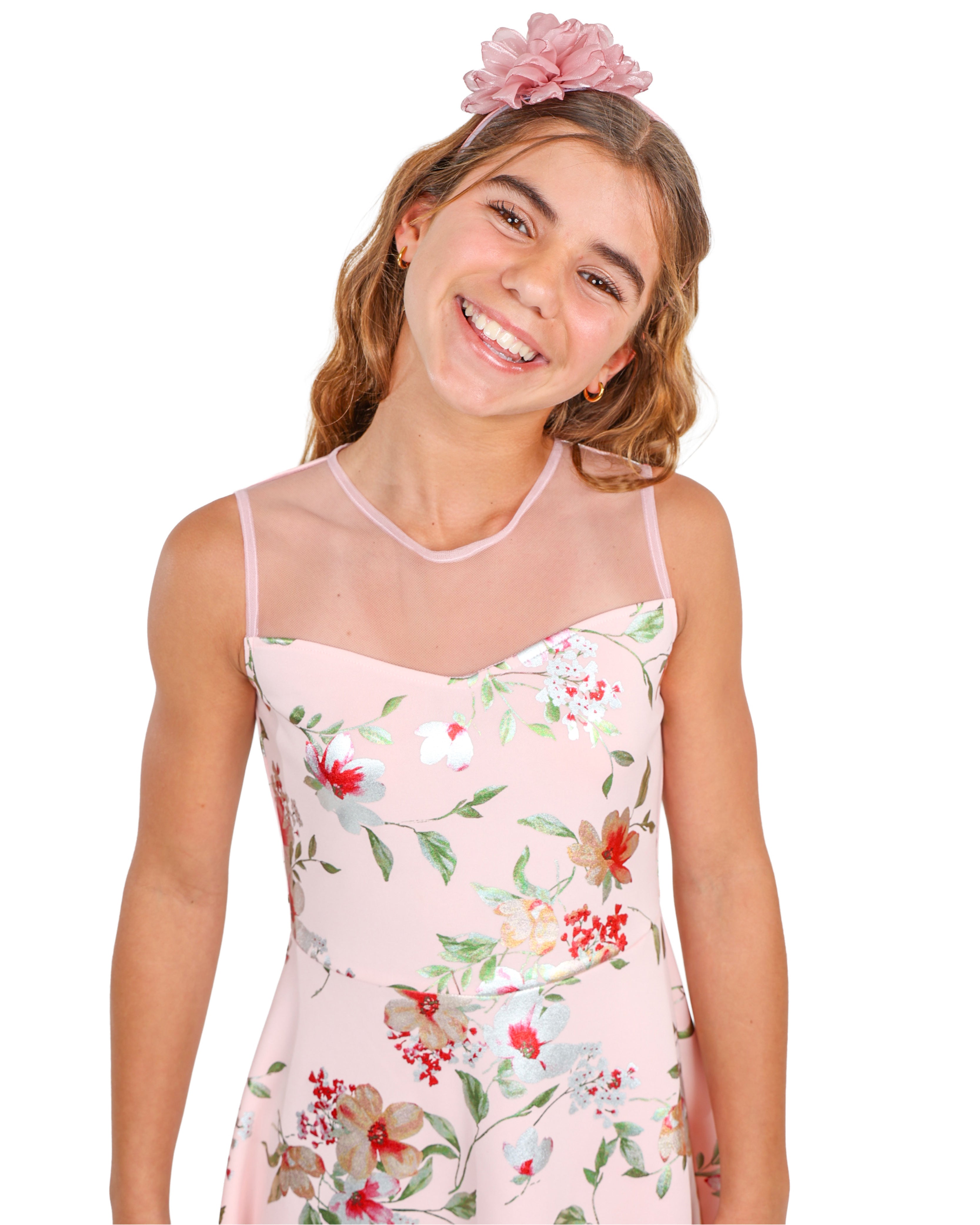 Sleeveless Mesh Insert High Low Floral Party Dress