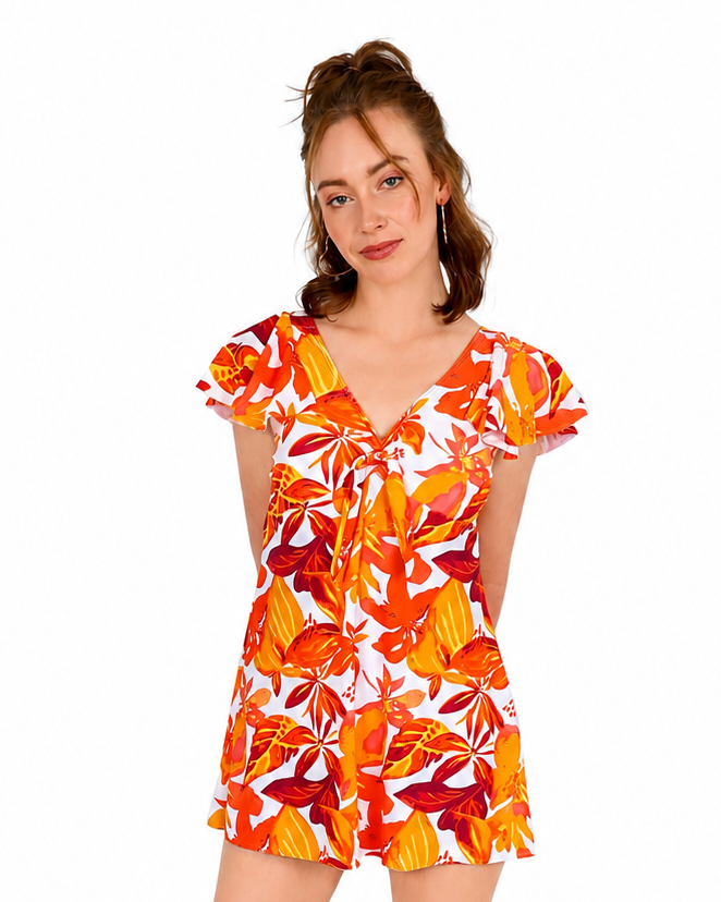Ruffle Cape Sleeve Orange Floral Swim Dress