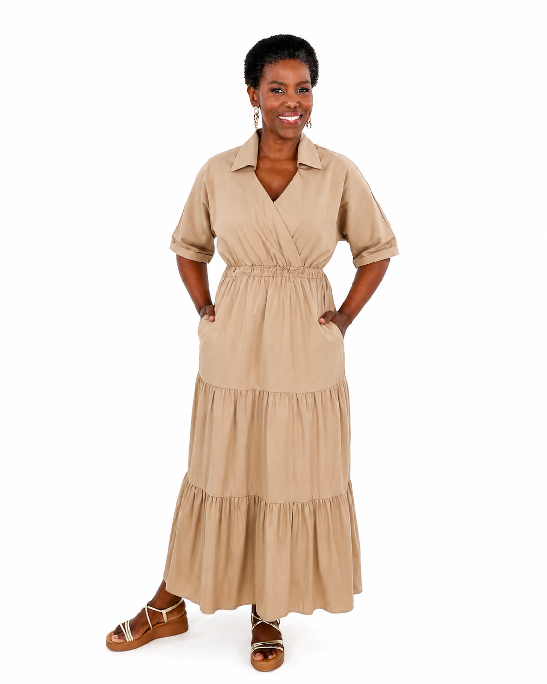 Short Sleeve Mocha Mock Wrap Tiered Collared Dress
