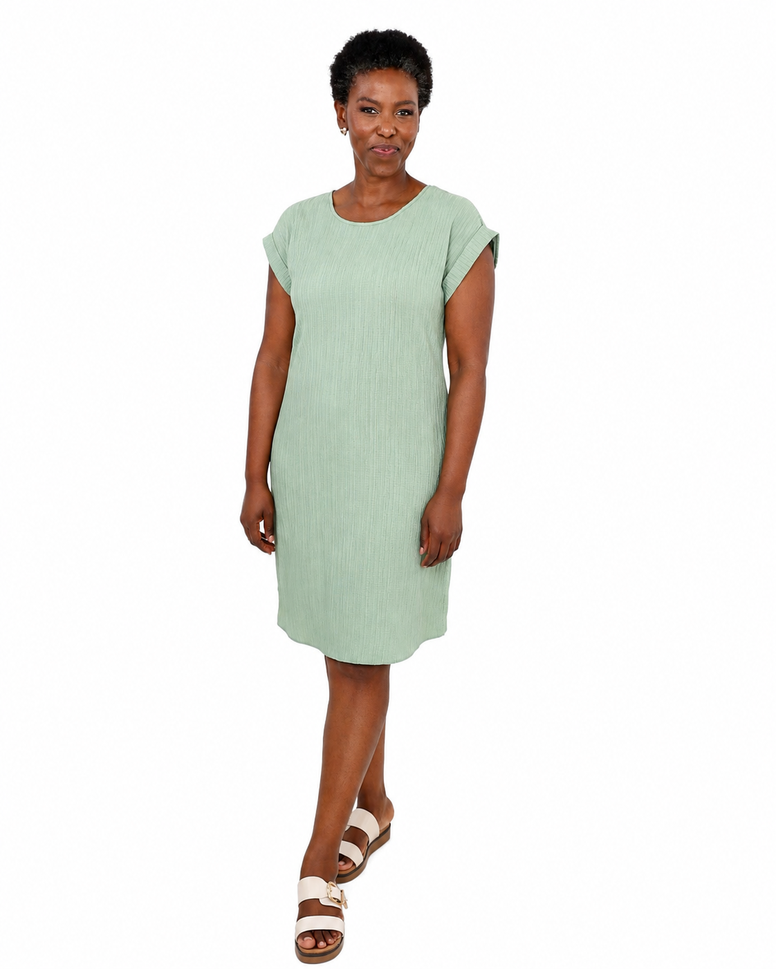 Sage Short Sleeve Crinkle Shift Dress