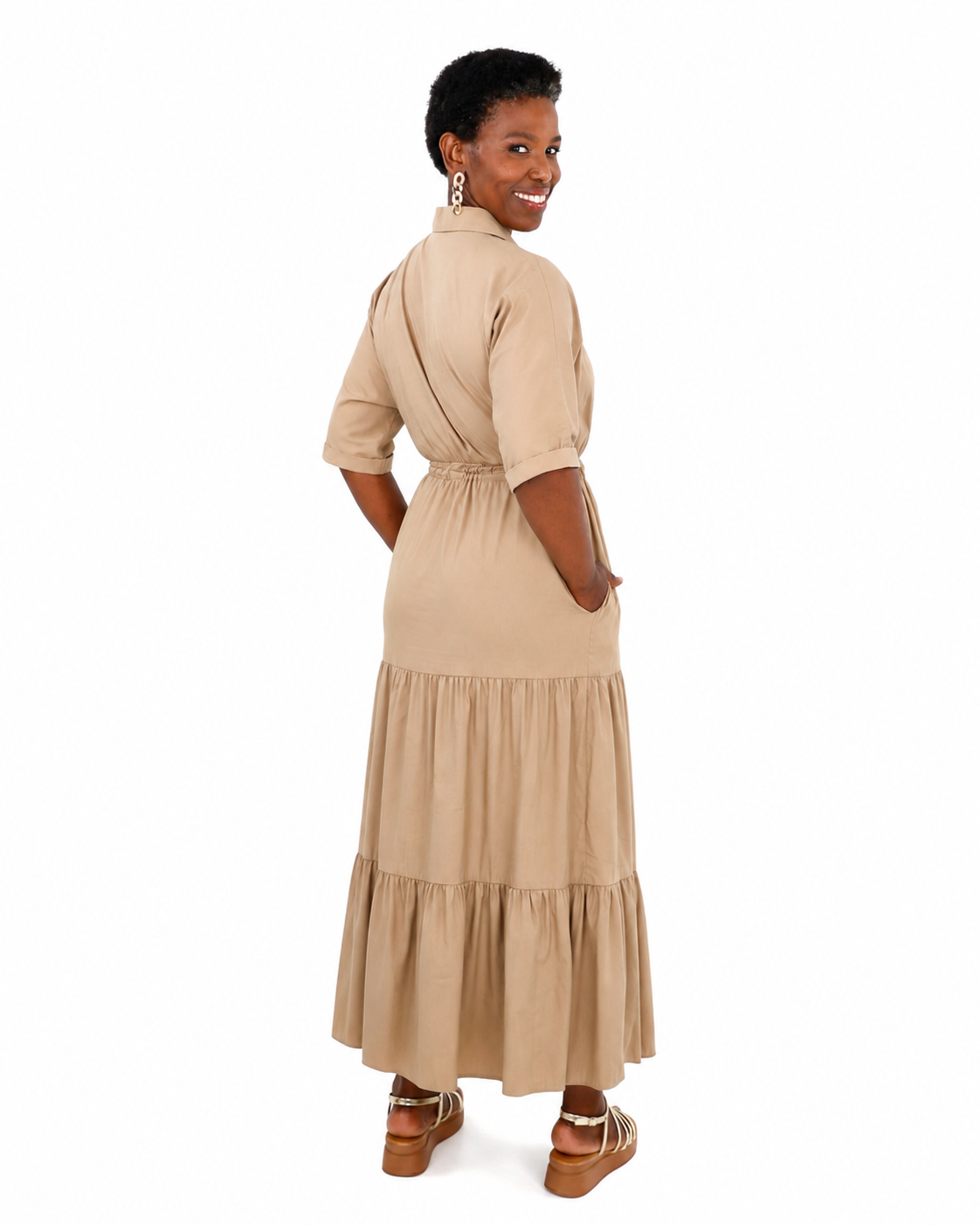 Short Sleeve Mocha Mock Wrap Tiered Collared Dress