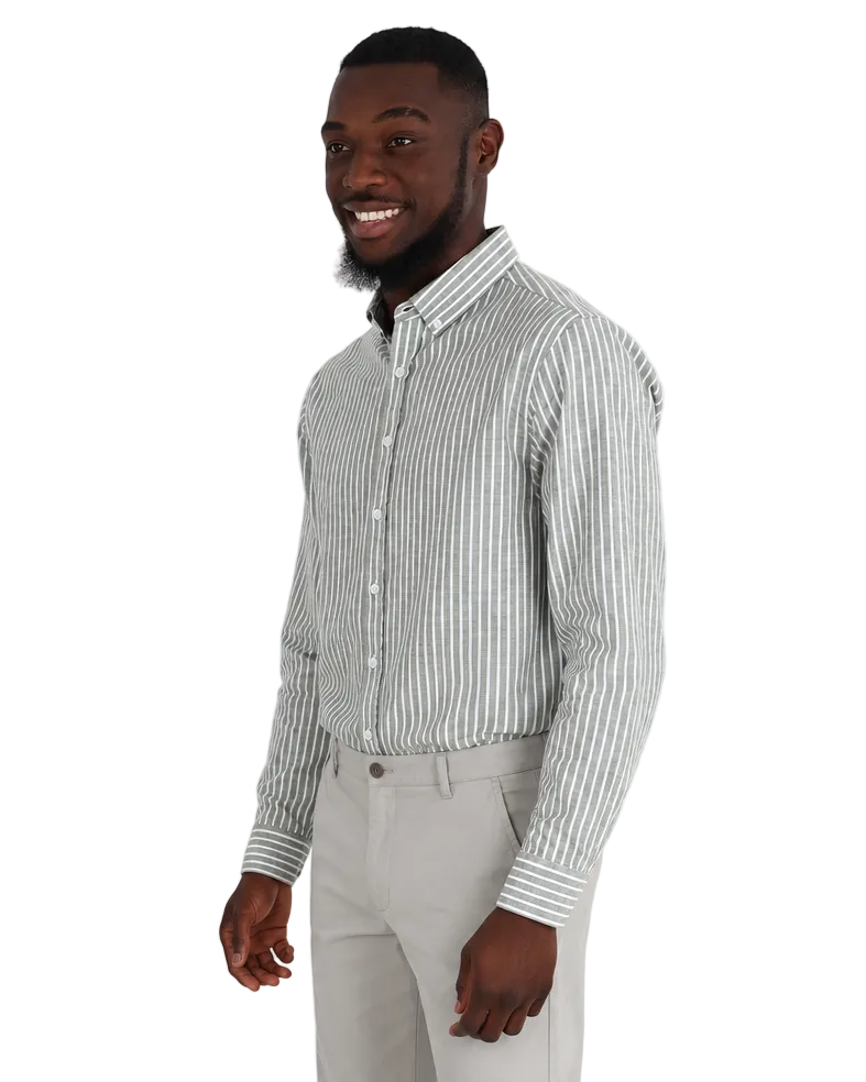 Long Sleeve Sage Slub Yarn Dyed Cotton Stripe Shirt