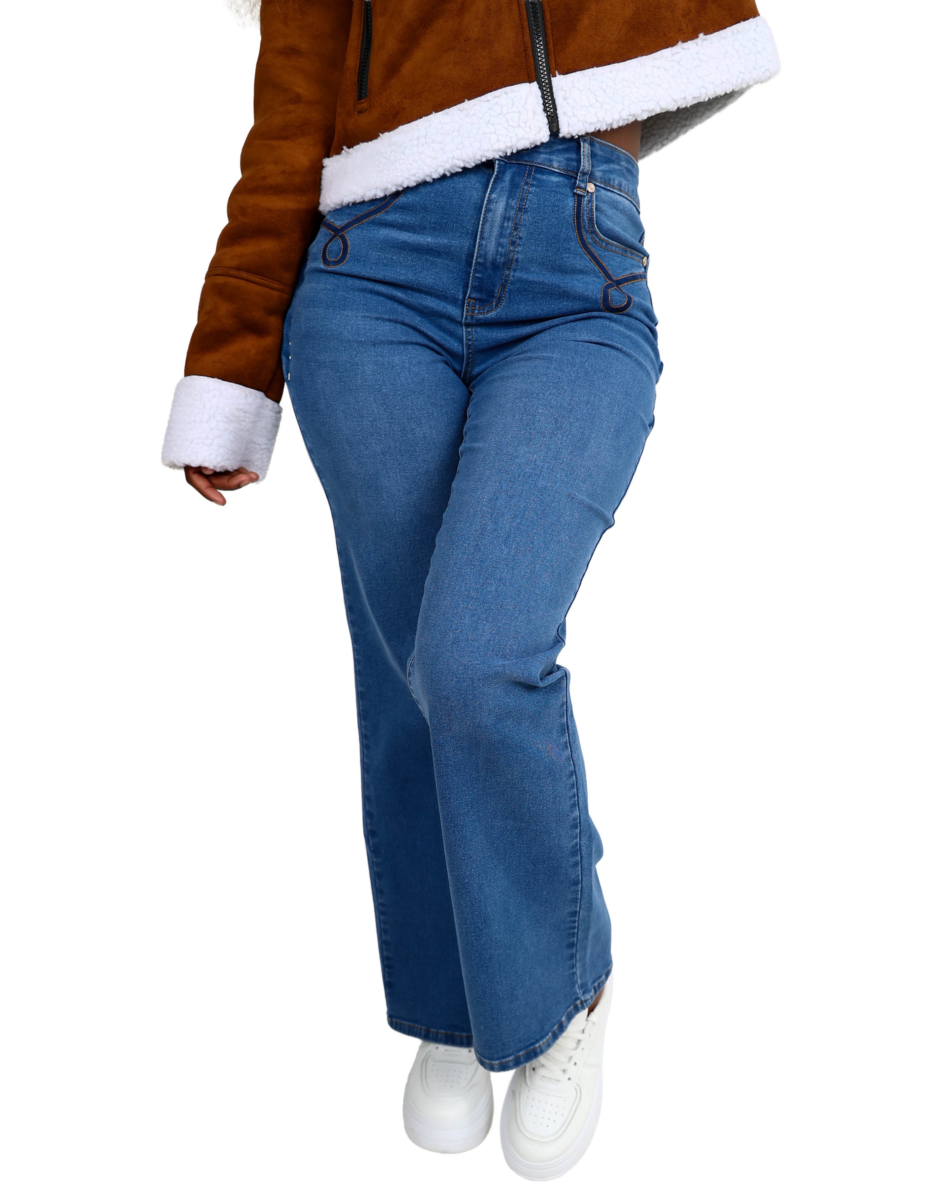 Medium Indigo Flared Embroidered Jeans
