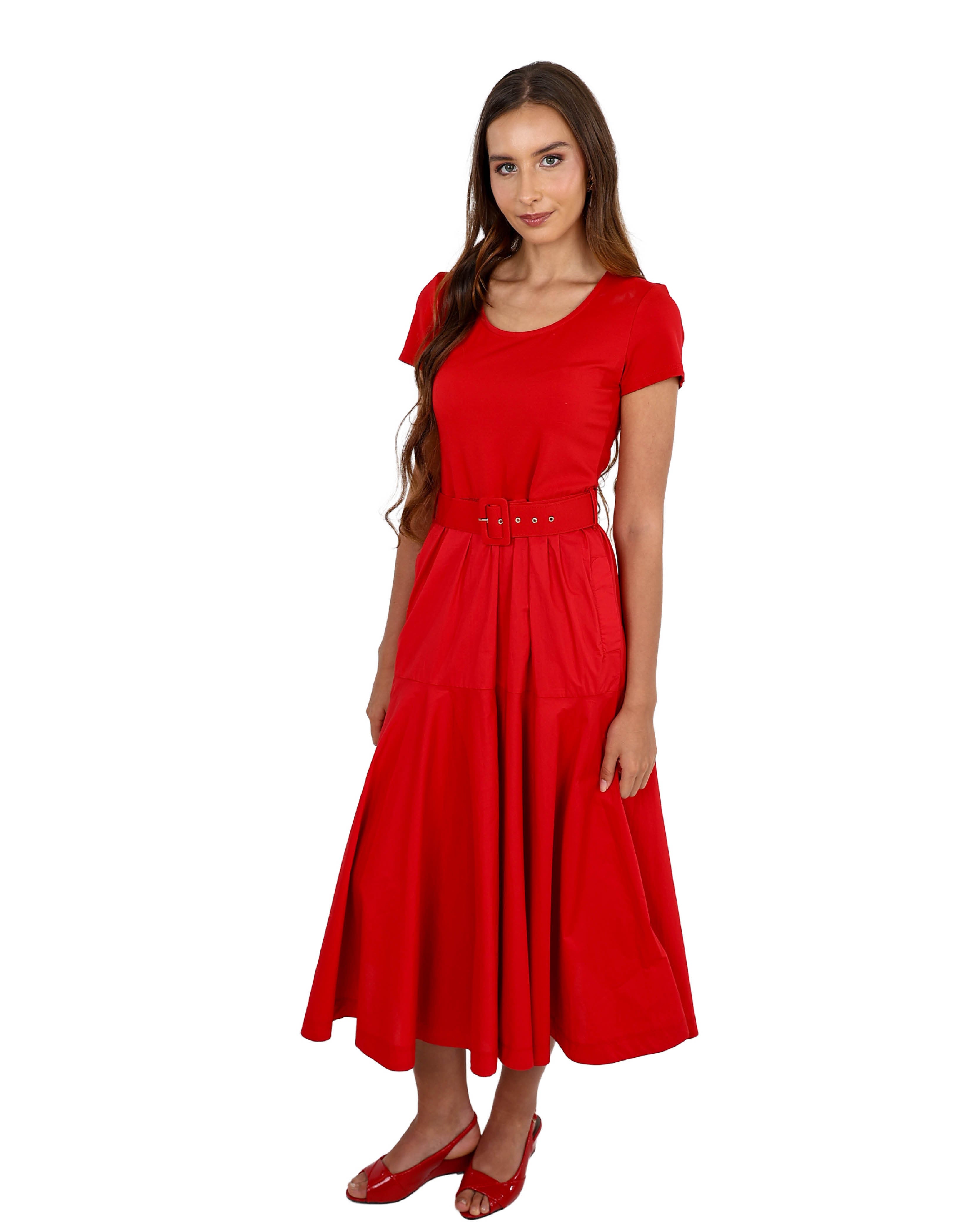 Short Sleeve Red Belted Cruise Maxi Dress