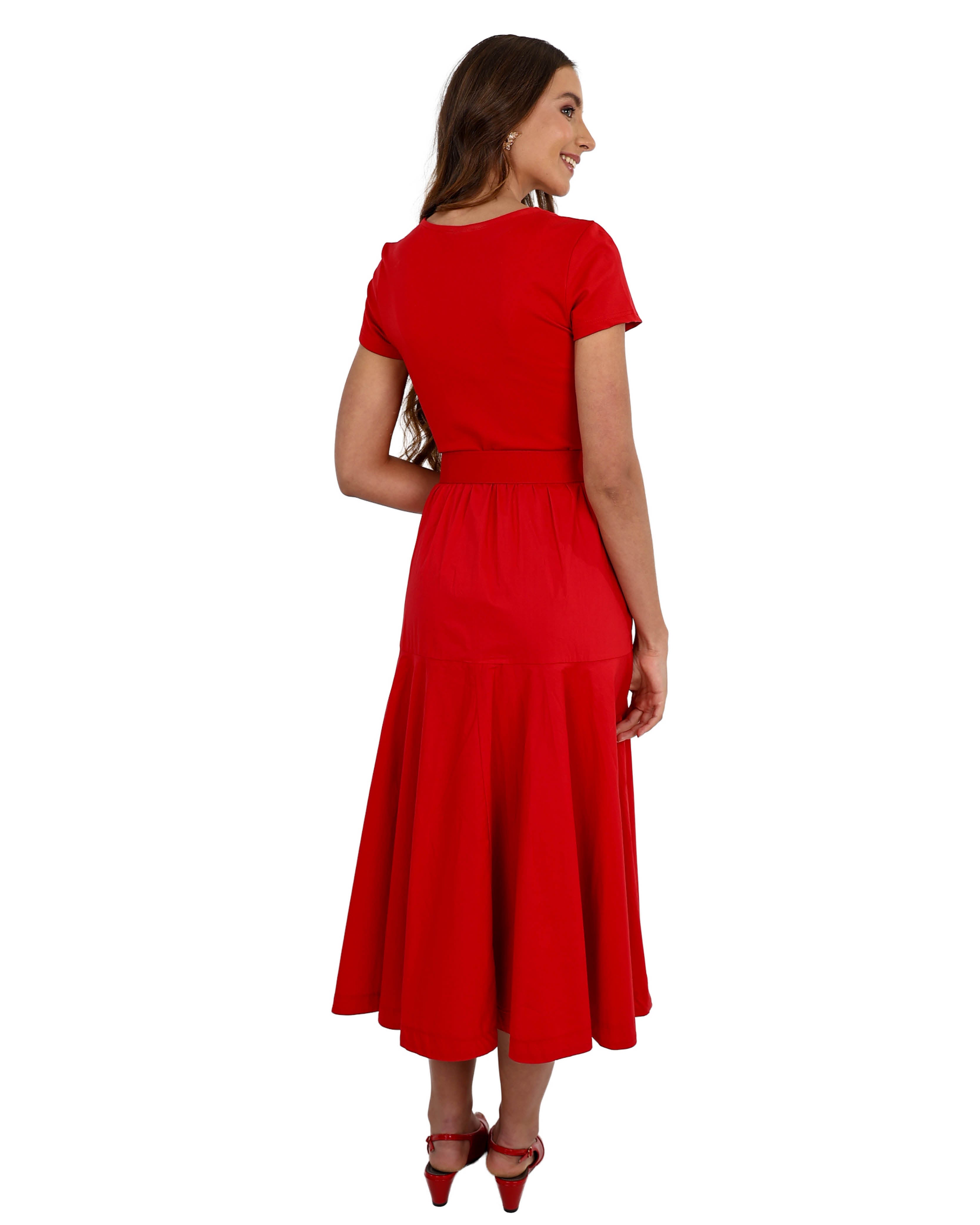 Short Sleeve Red Belted Cruise Maxi Dress