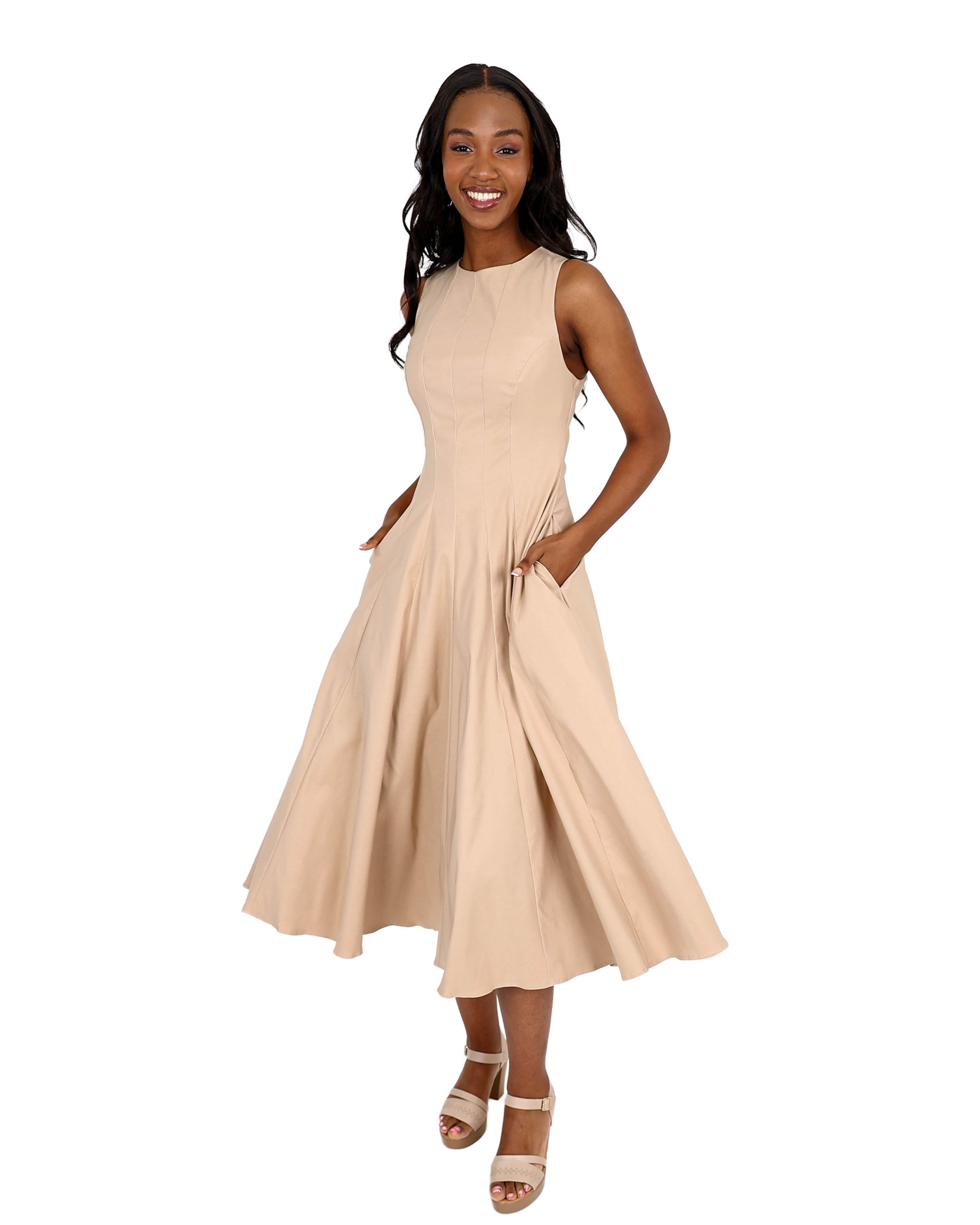 Cruise Sleeveless Stone Flared Midi Paneled Dress