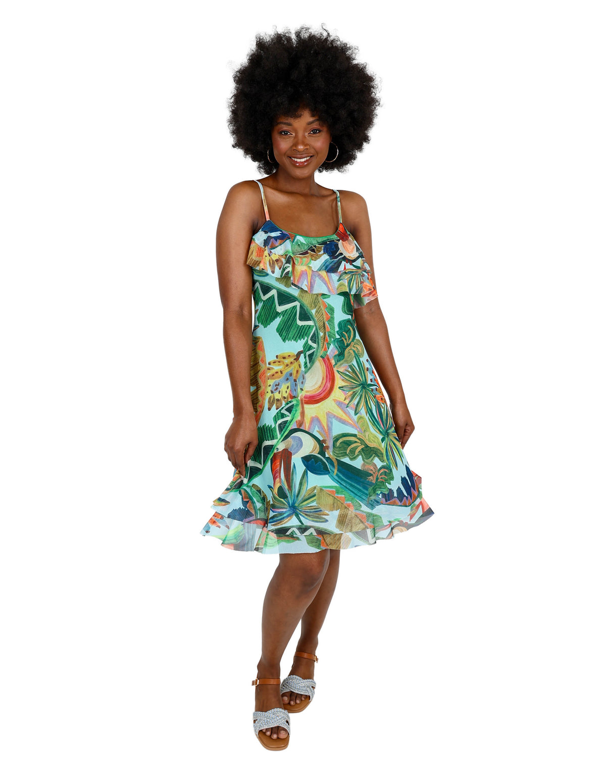 Strappy Frill Detail Tropical Print Dress