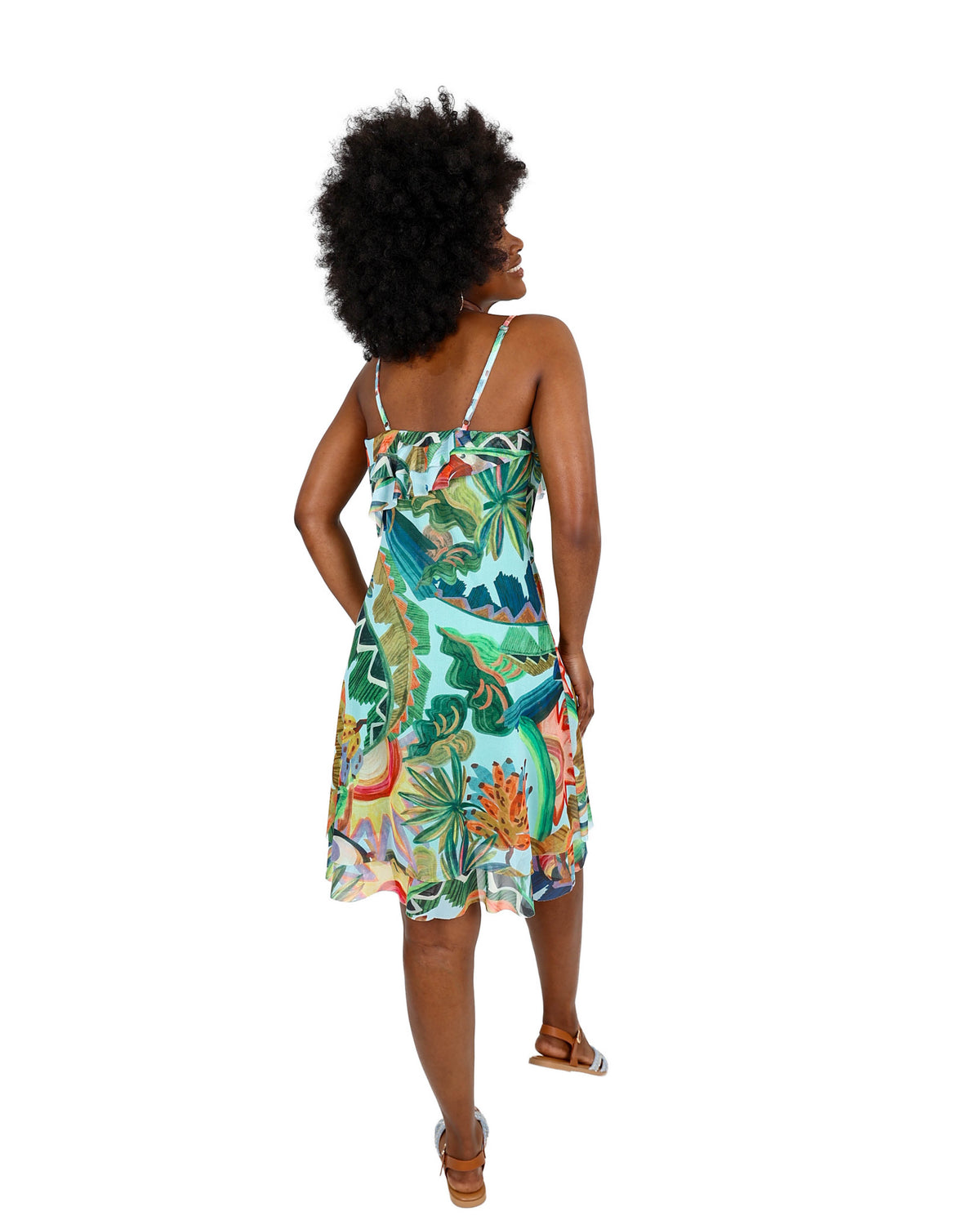 Strappy Frill Detail Tropical Print Dress