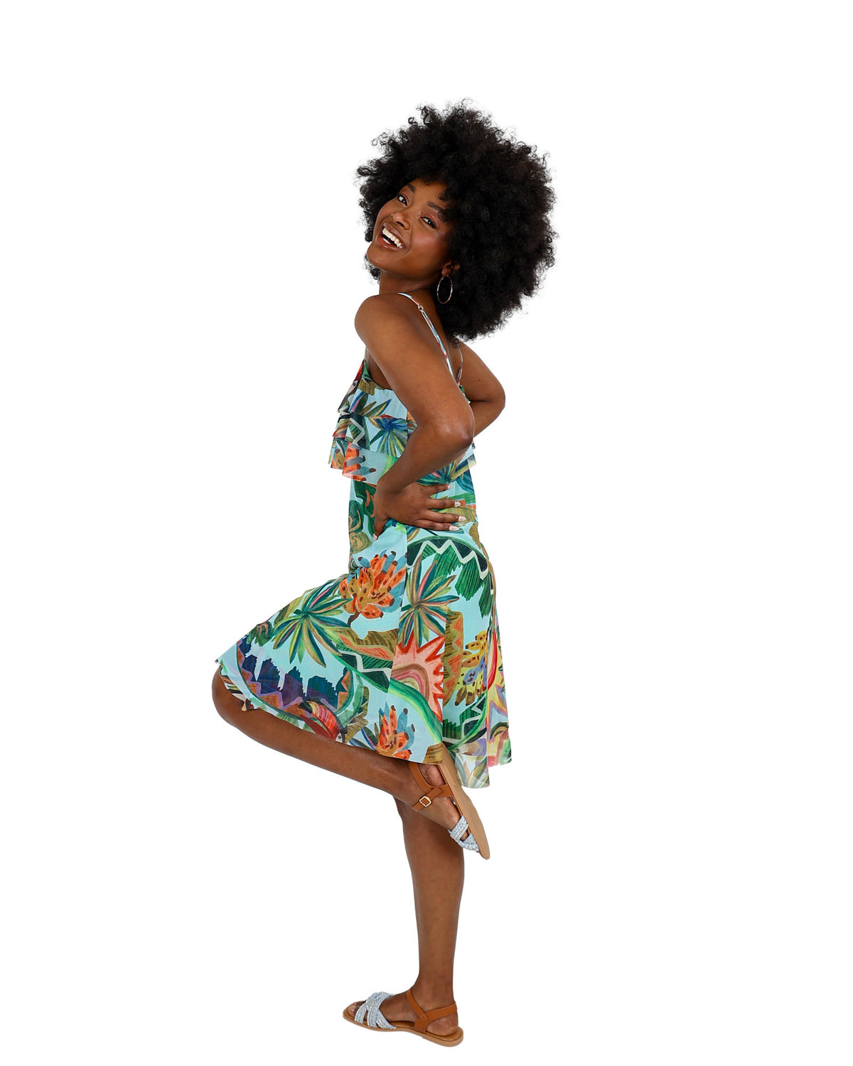 Strappy Frill Detail Tropical Print Dress