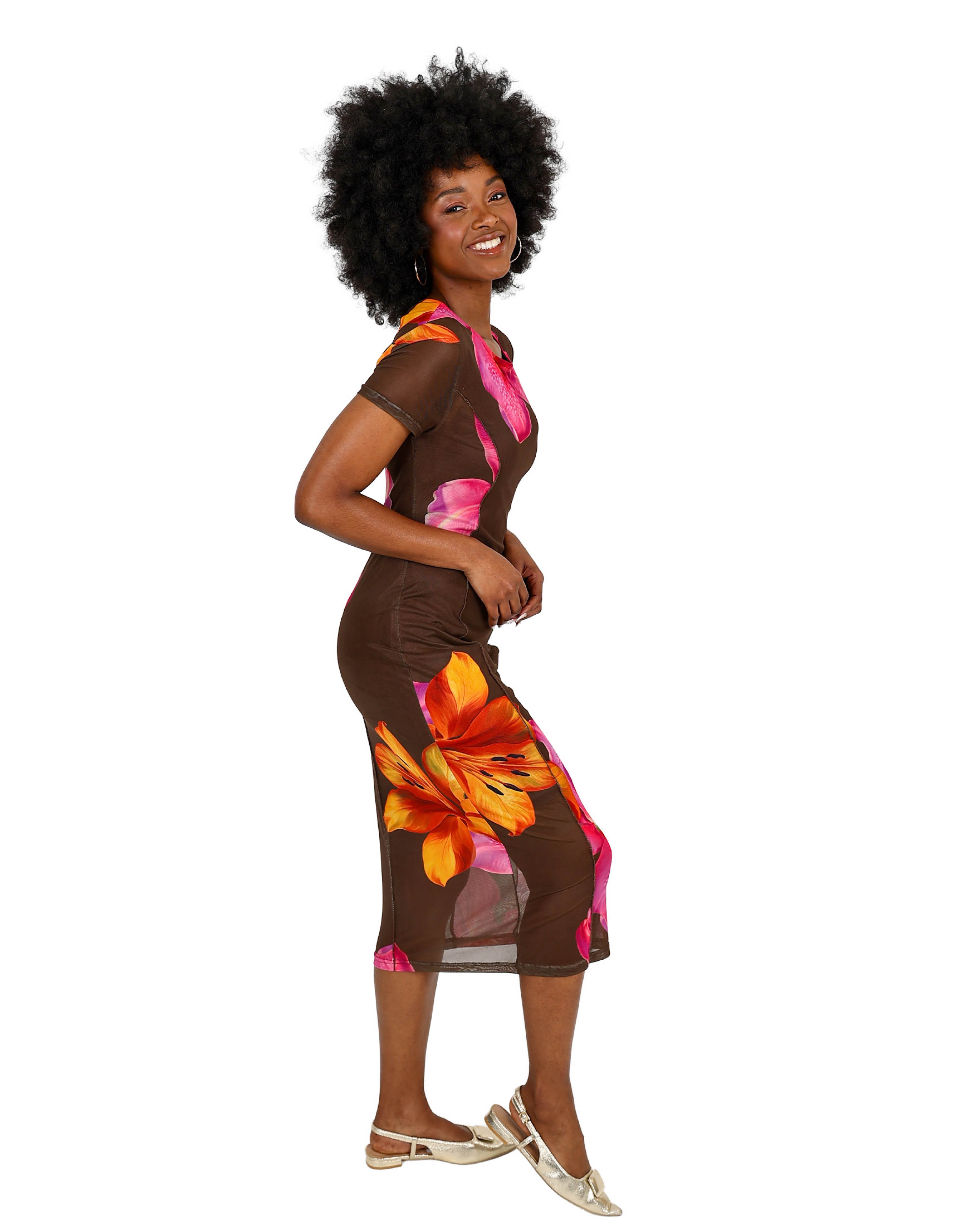 Short Sleeve Chocolate Mesh Vibrant Floral Print Midi Dress