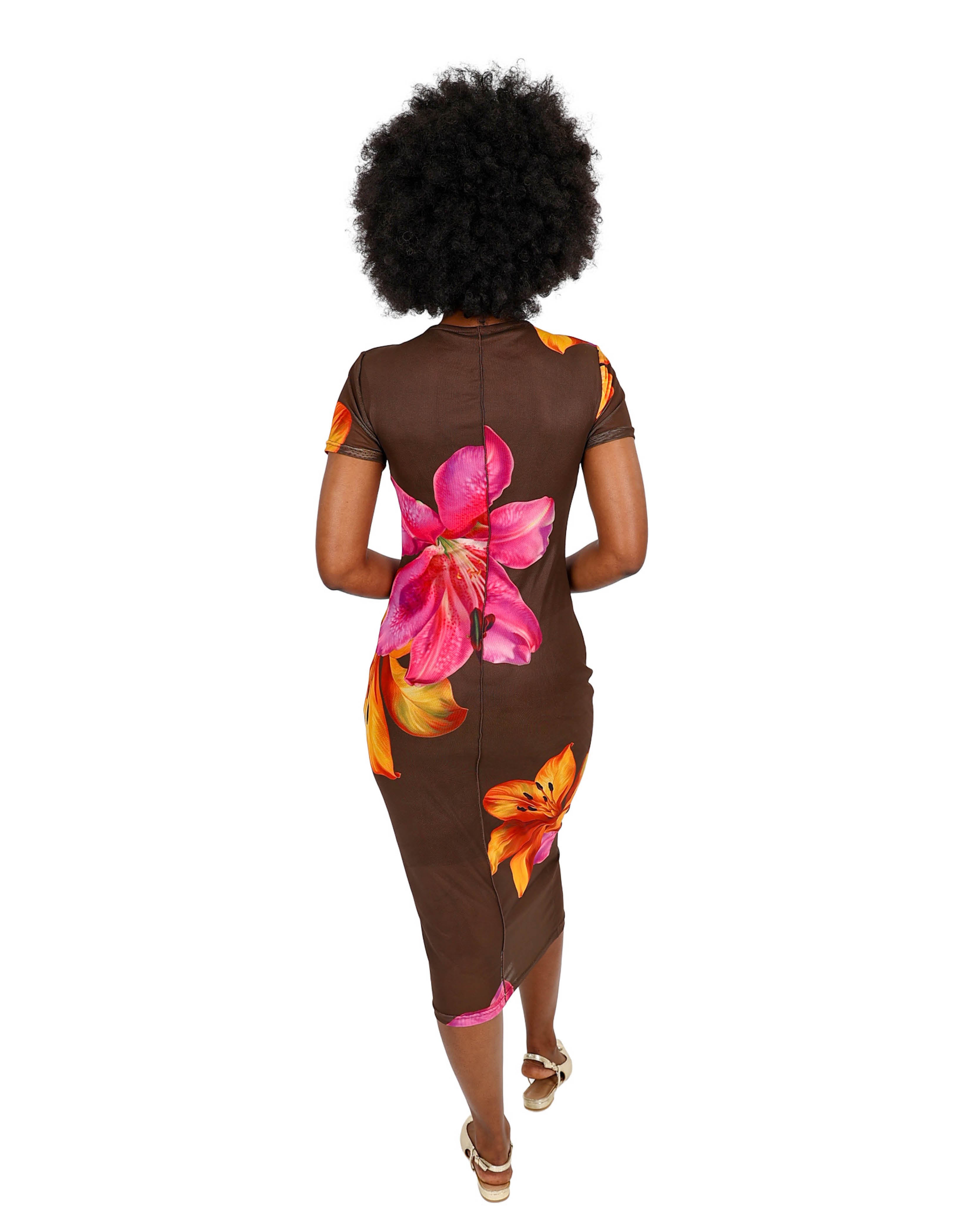 Short Sleeve Chocolate Mesh Vibrant Floral Print Midi Dress