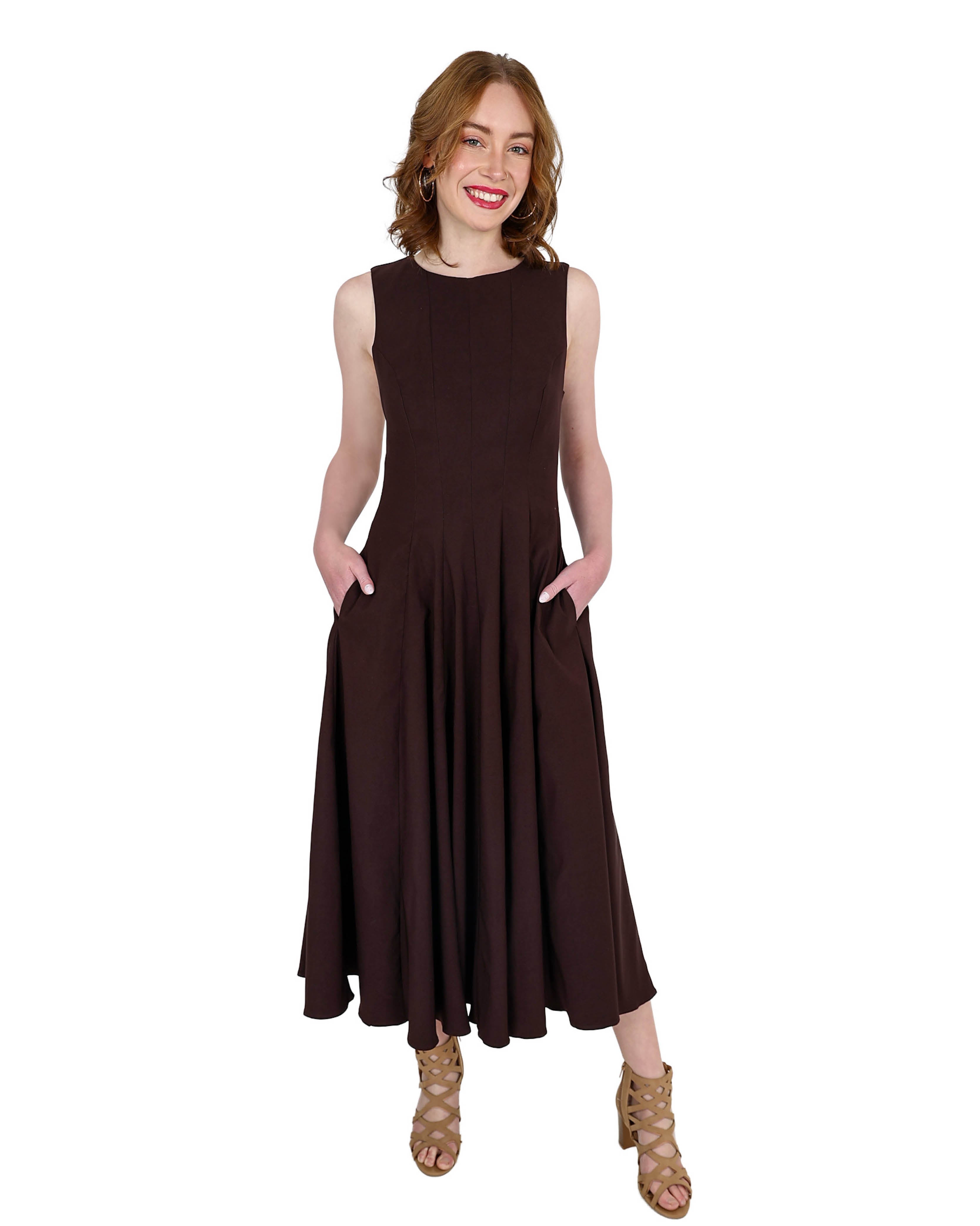 Cruise Sleeveless Chocolate Flared Midi Paneled Dress