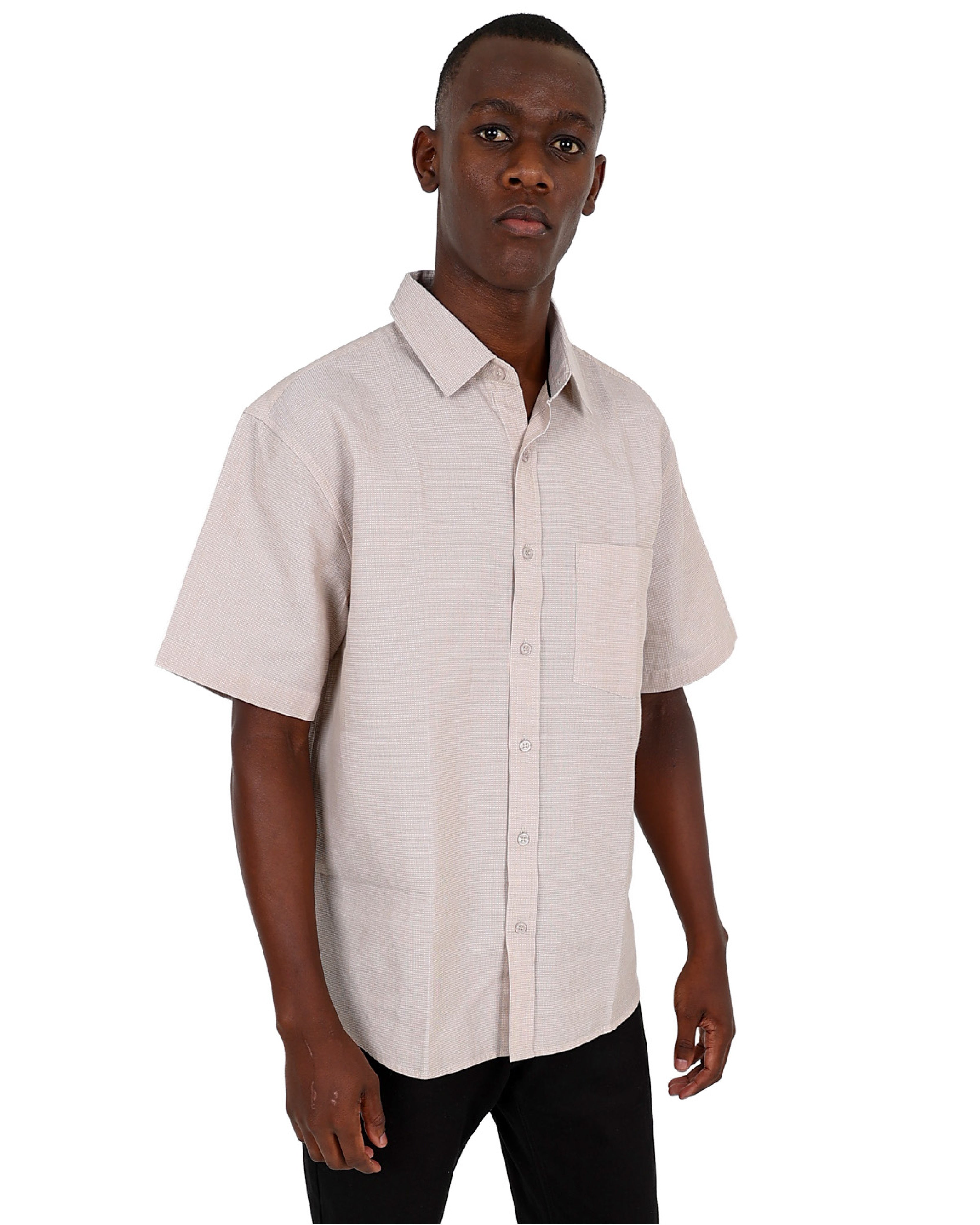 Short Sleeve Stone Waffle Textured Cotton Shirt
