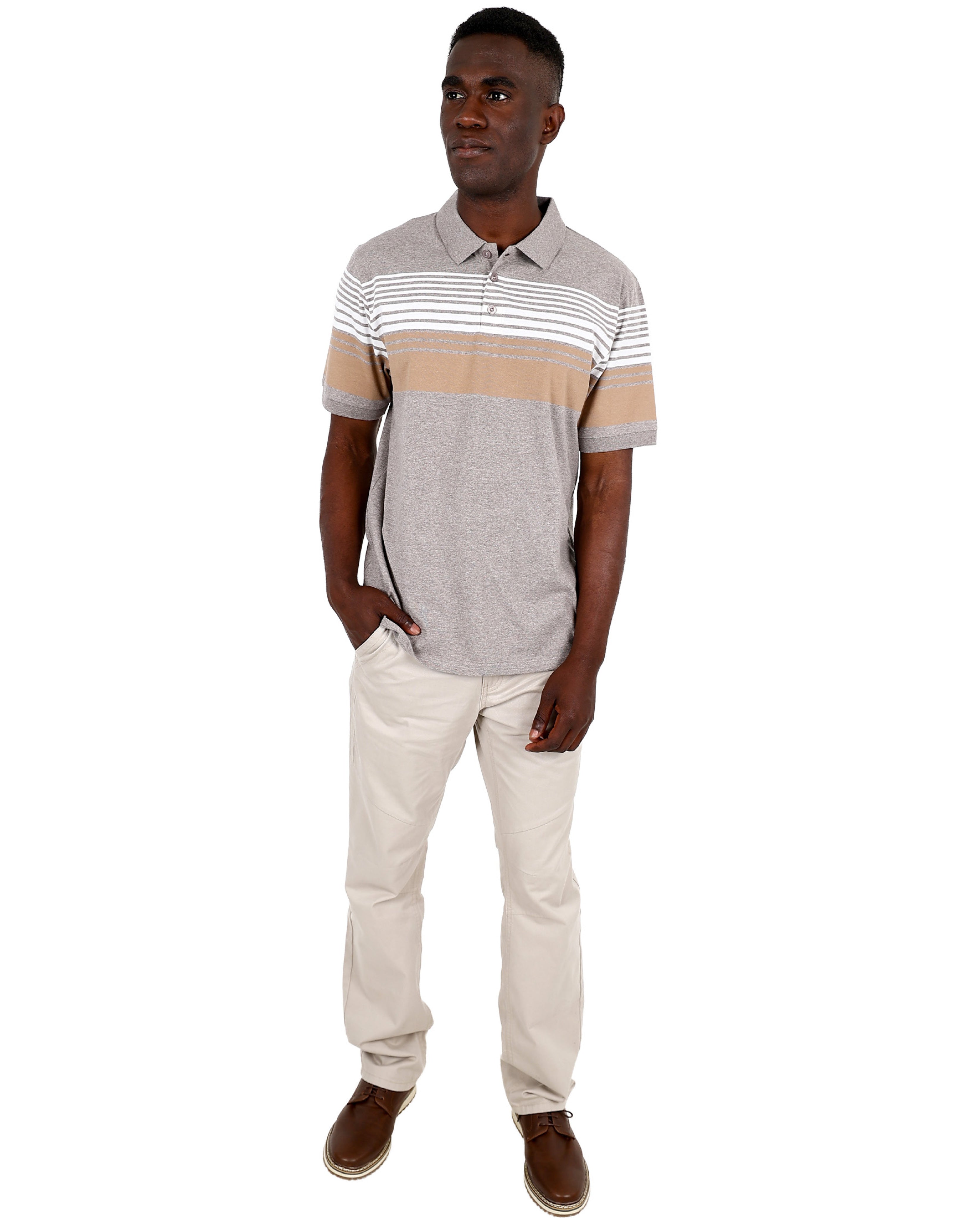 Short Sleeve Beige Yarn Dyed Stripe Golfer