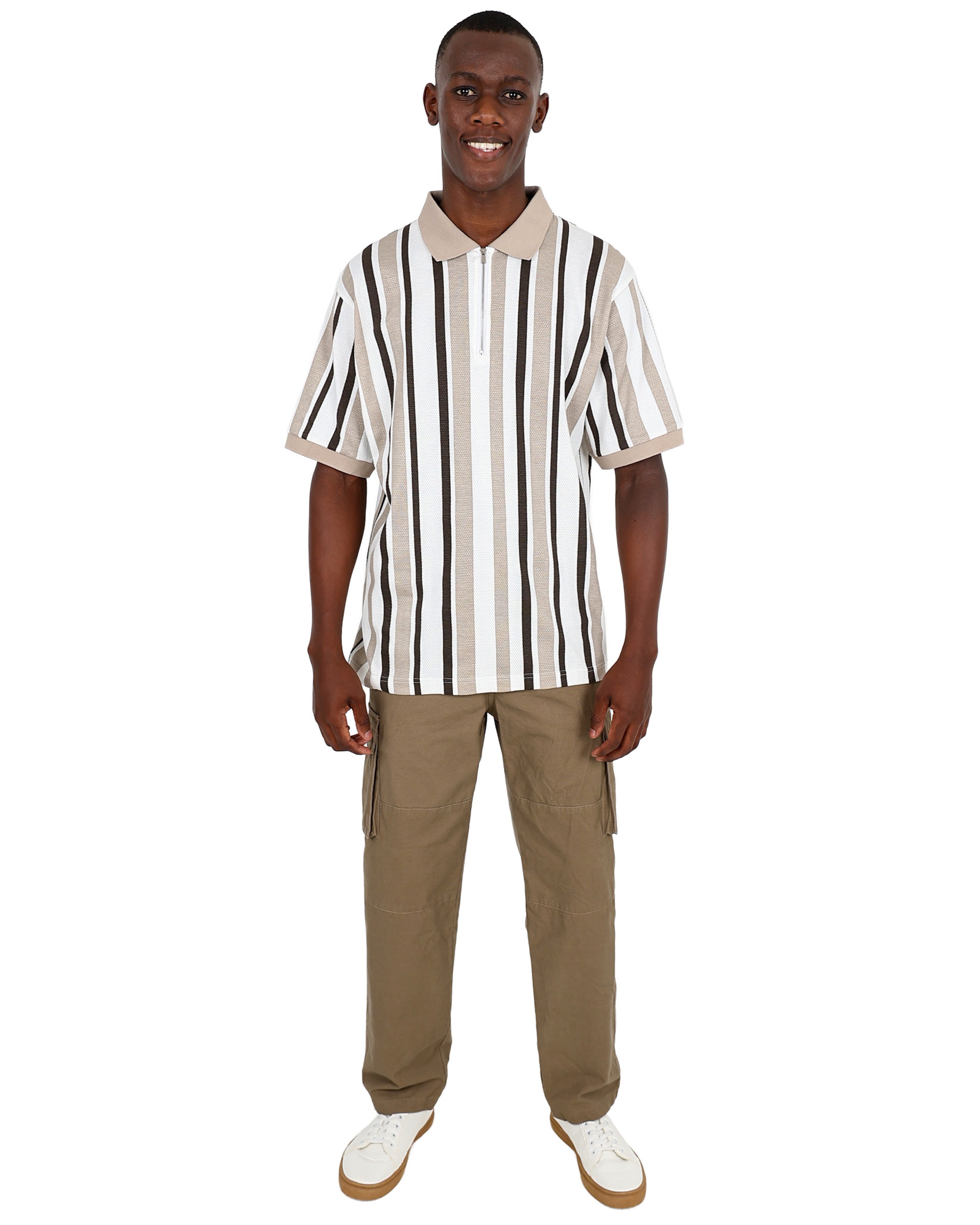 Short Sleeve Zip Clouse Stripe Cotton Golfer